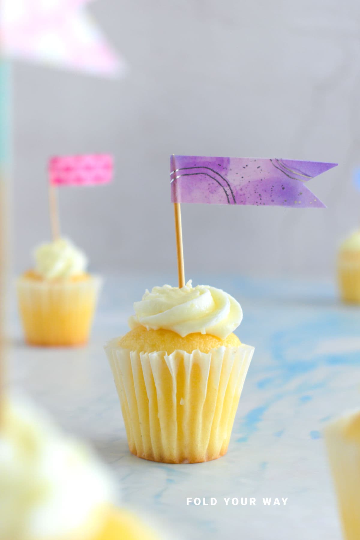Purple washi tape cake topper.