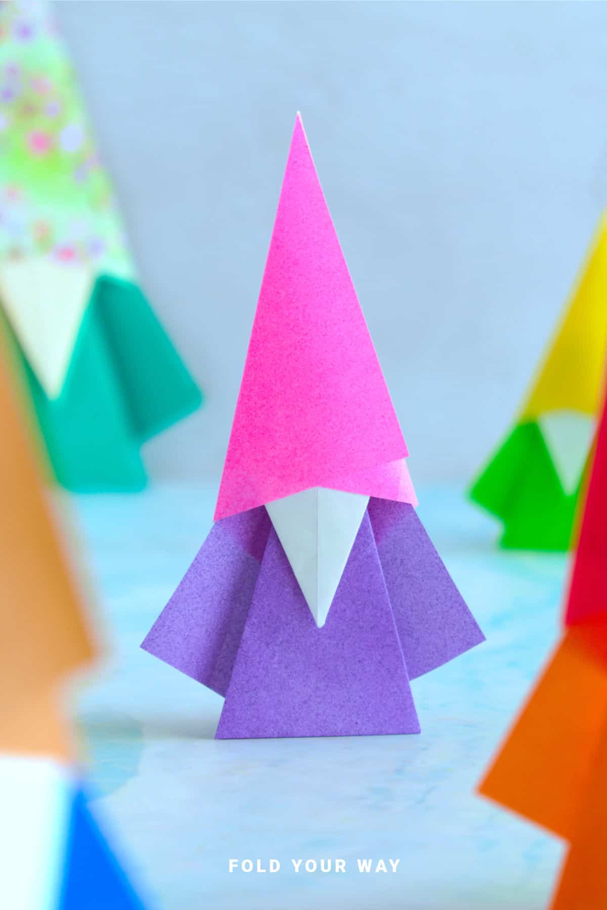 Purple and pink origami gnome.