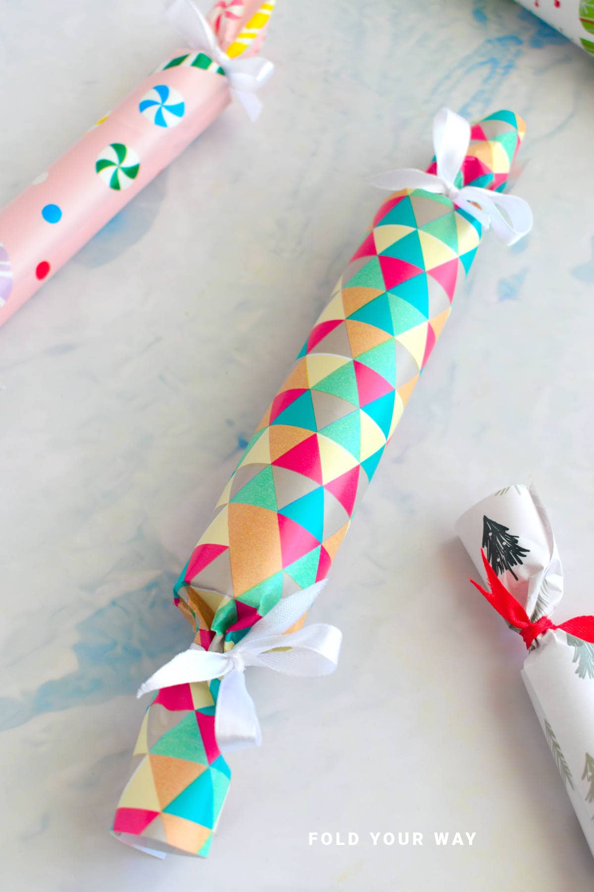 Close up image of cylinder gift wrapping.