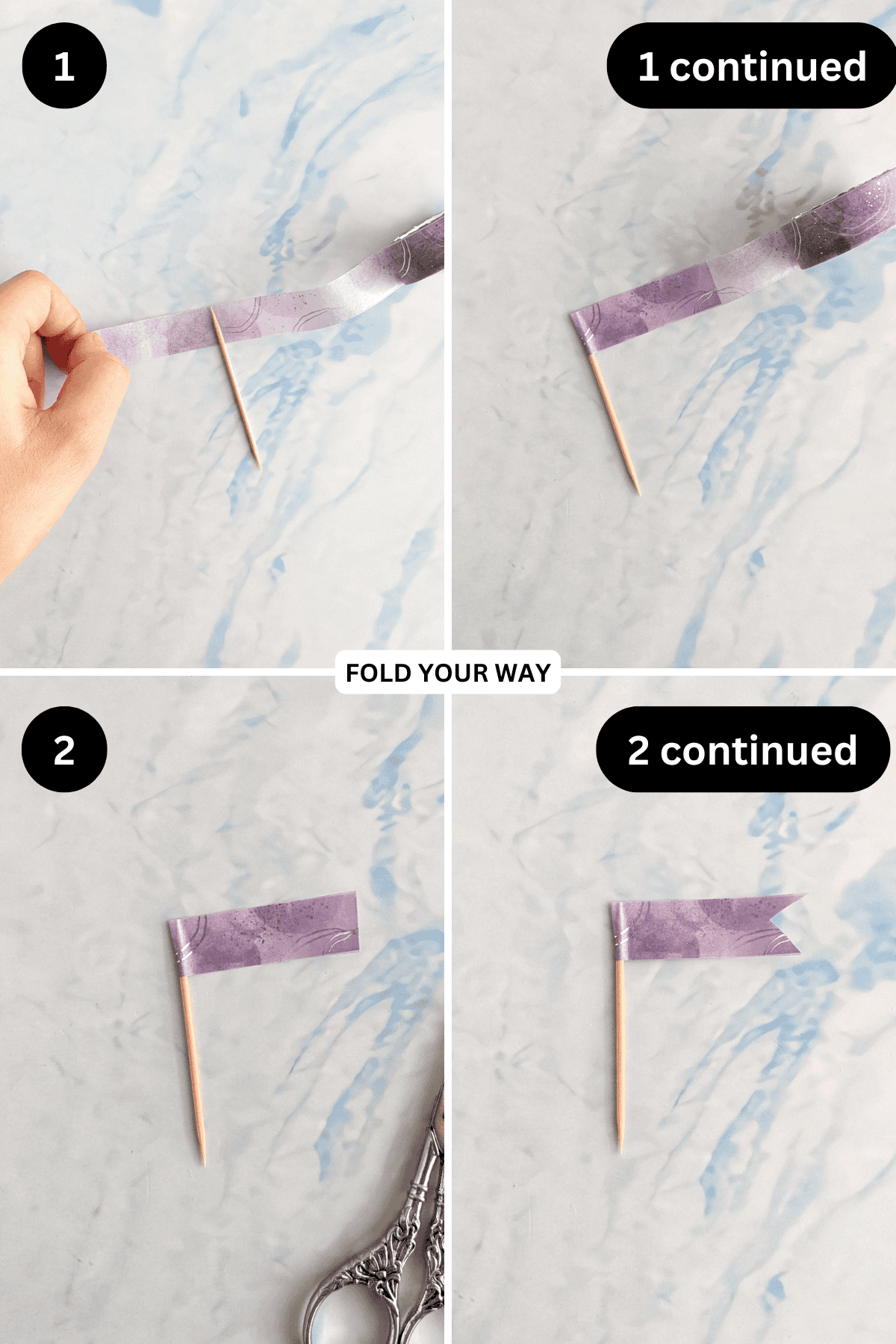 Steps 1 to 2 for making a washi tape cake topper.