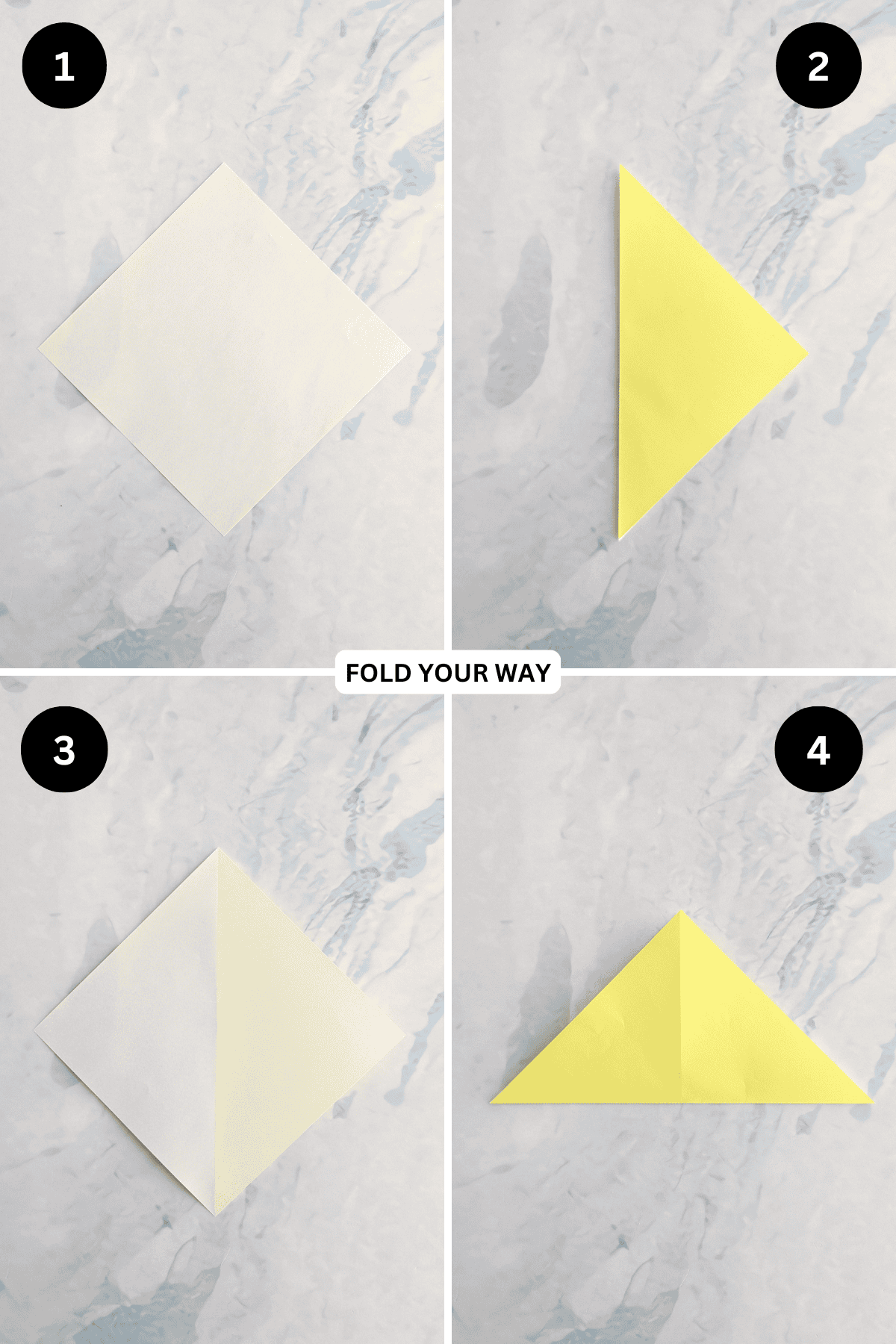 Steps 1 to 4 for folding an origami star.