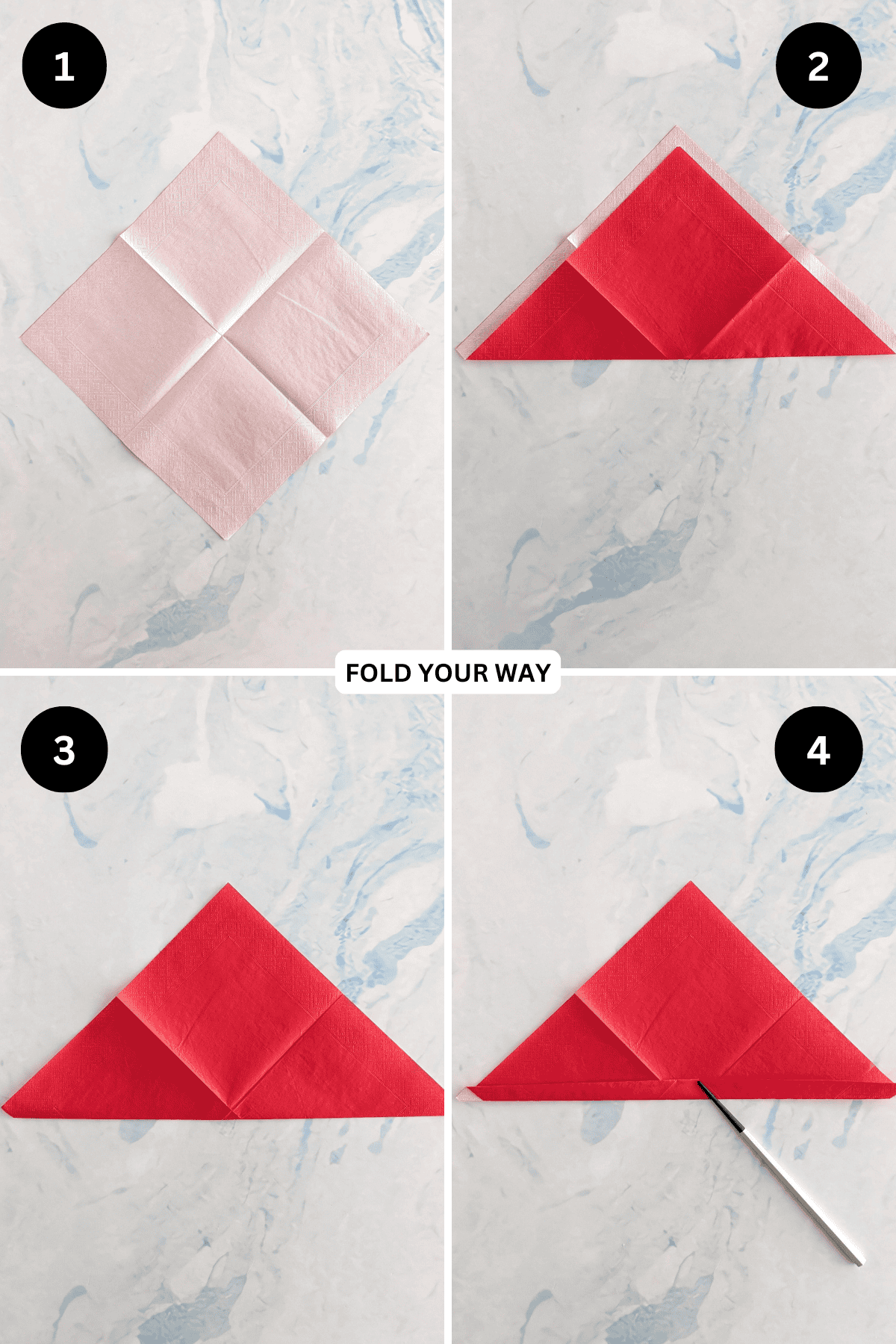 Steps 1 to 4 for folding a candy cane napkin fold.