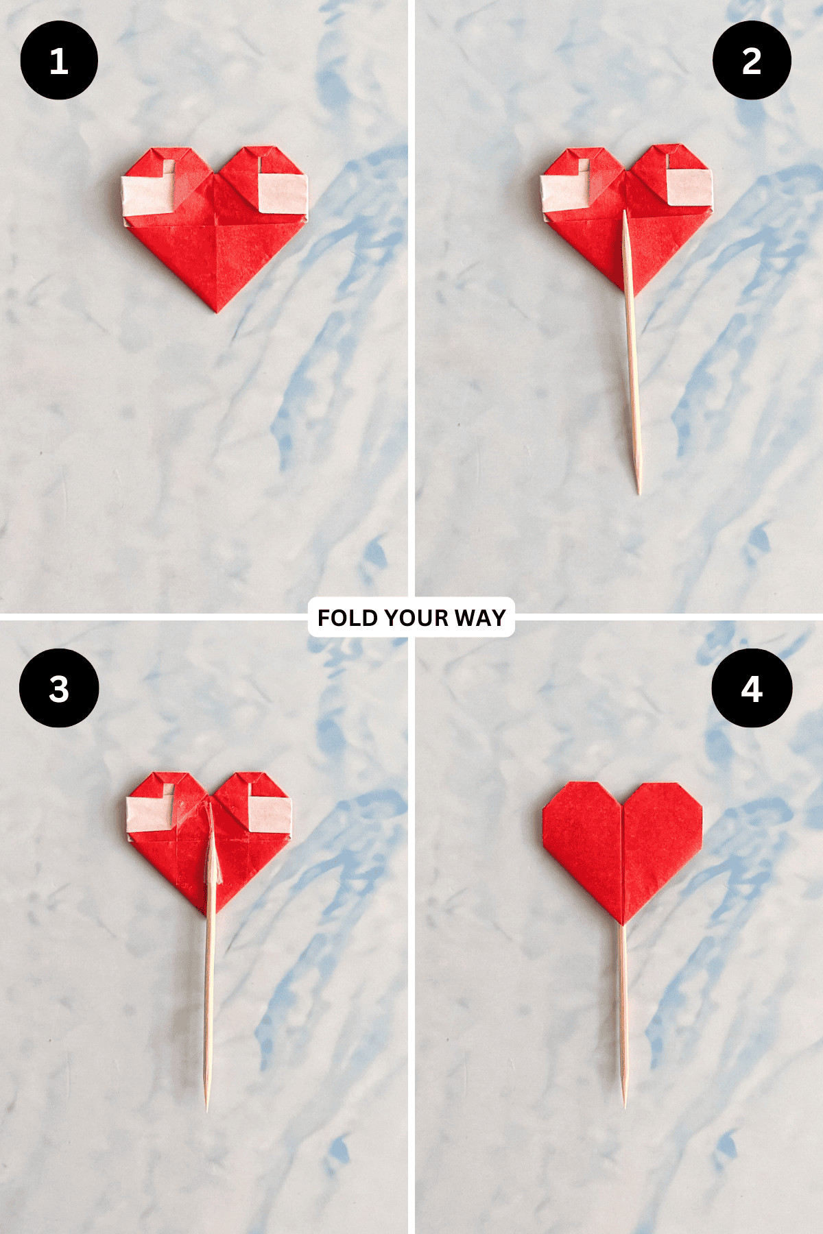 Steps 1 to 4 for making a DIY heart cake toppers with toothpick.