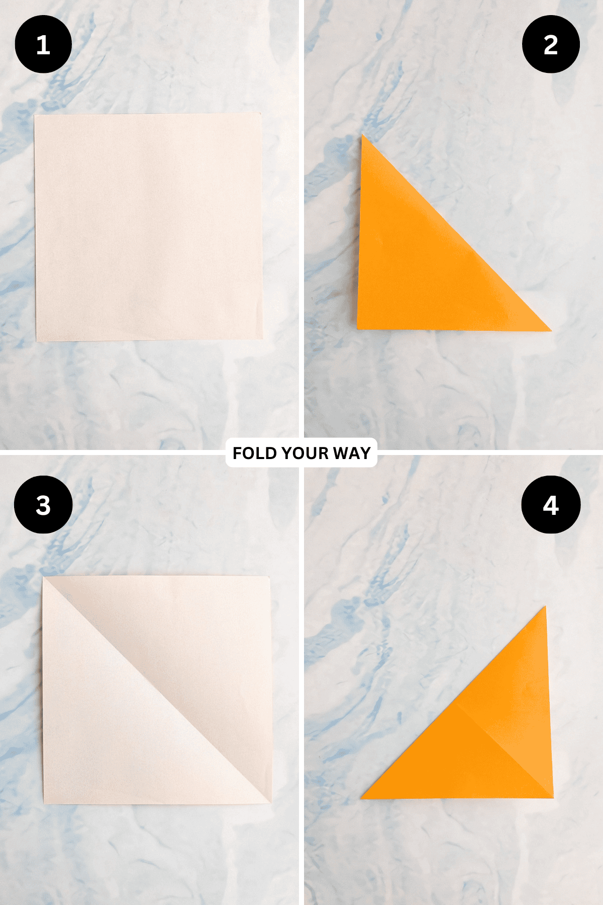 Steps 1 to 4 for folding an easy origami butterfly.