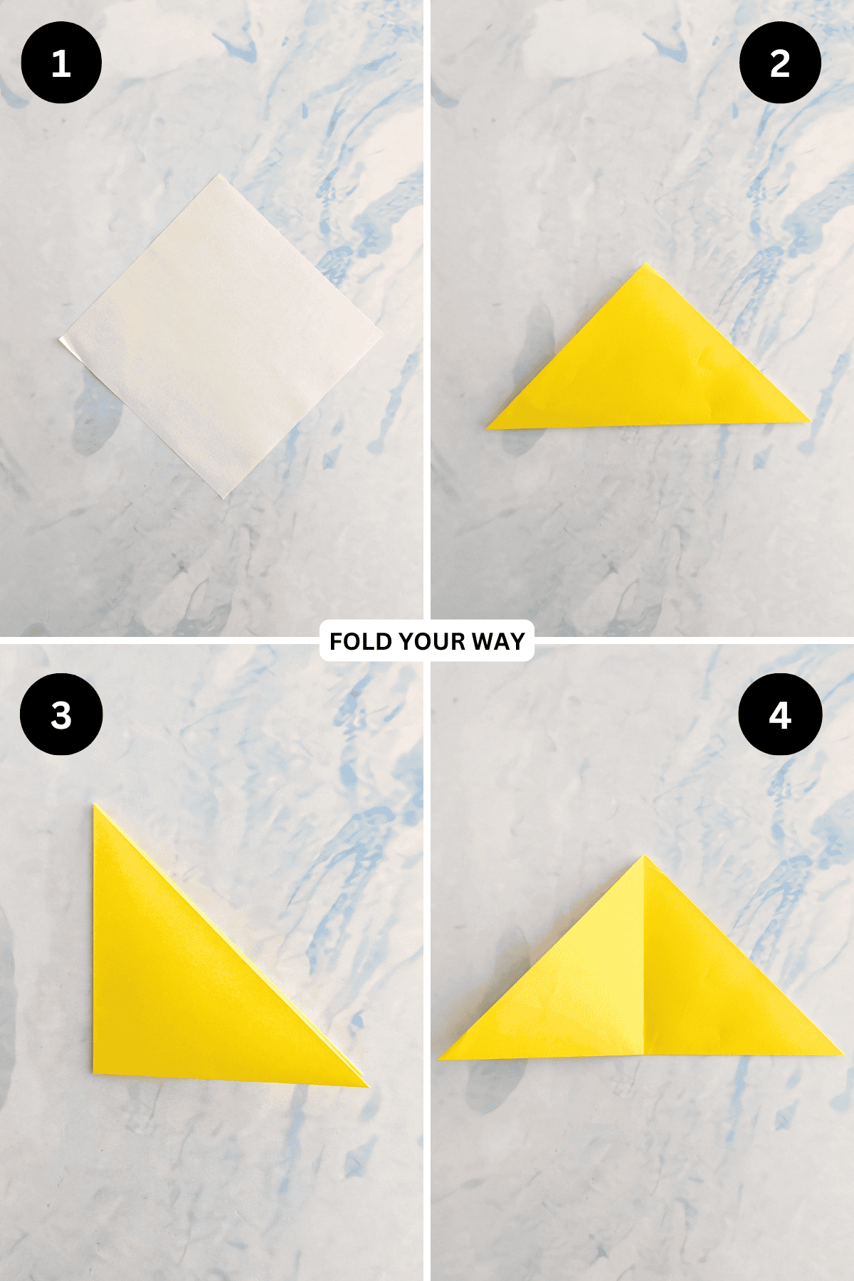 Steps 1 to 4 for folding an origami chicken.