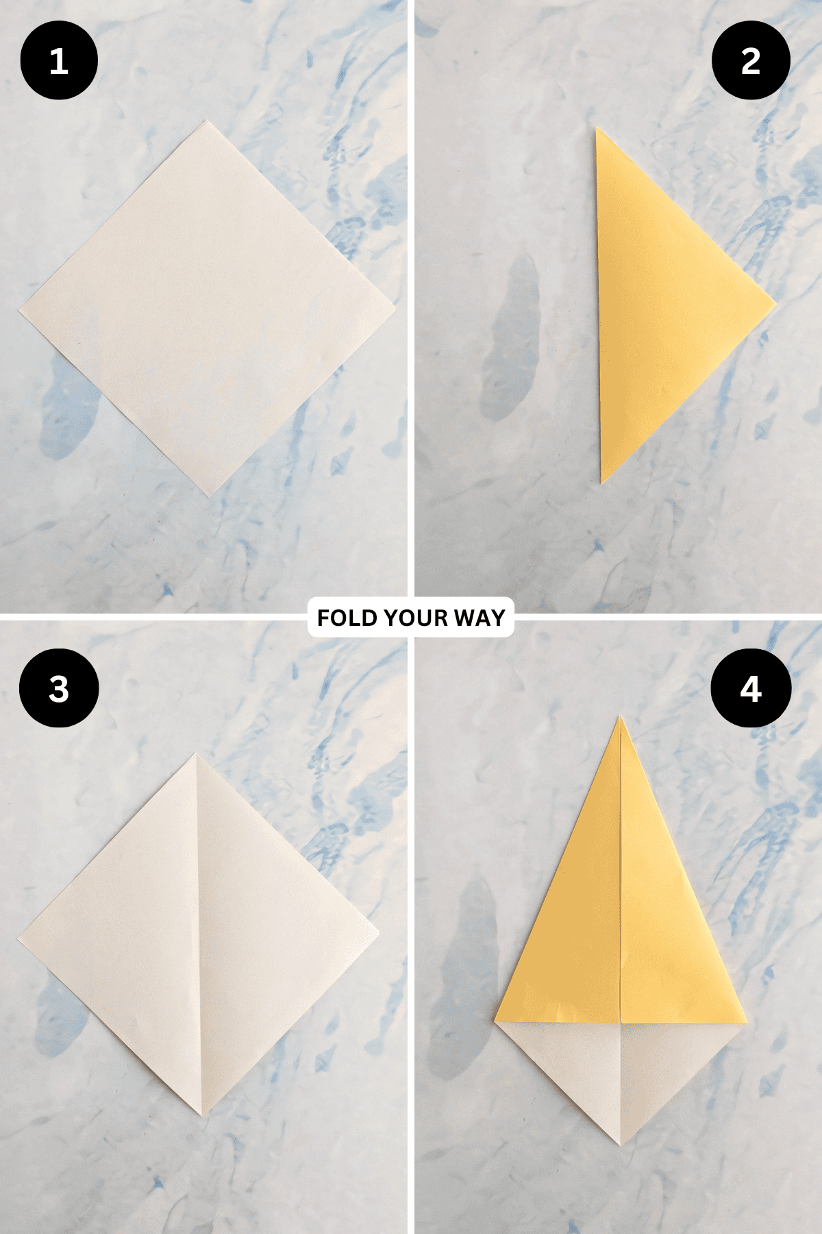 Steps 1 to 4 for folding an origami egg.