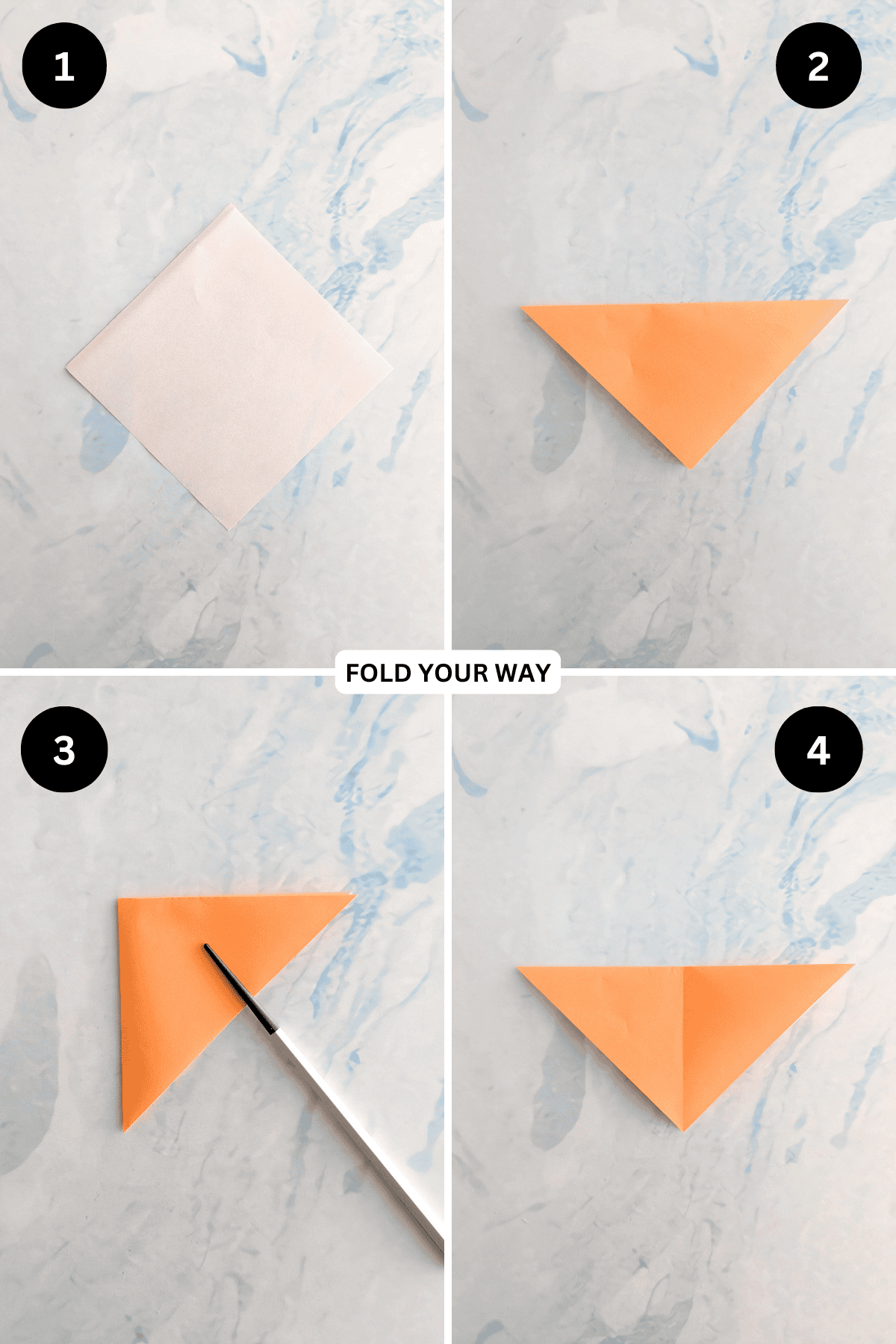 Steps 1 to 4 for folding an origami elephant face.