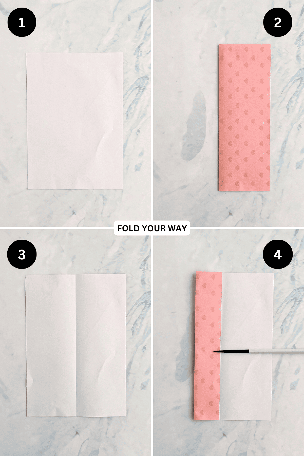 Steps 1 to 4 for folding an origami bamboo letterfold.