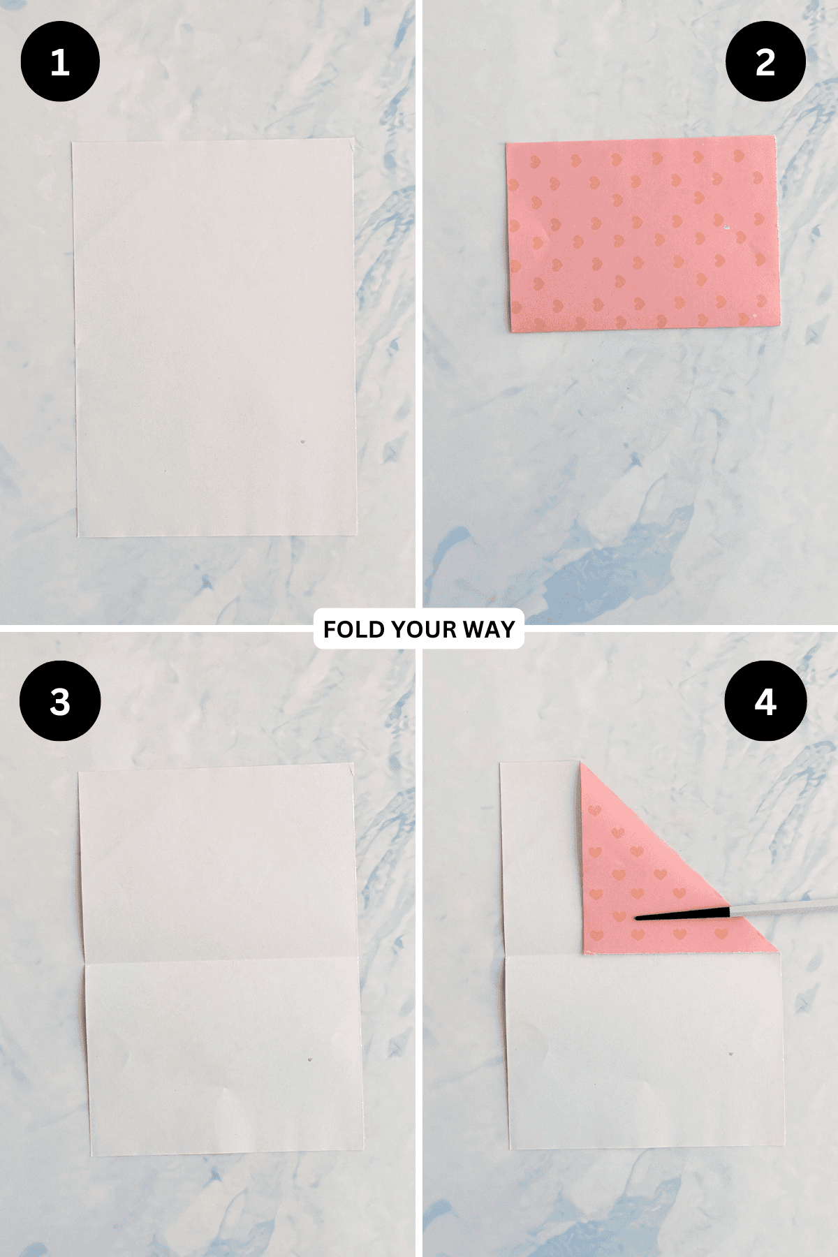 Steps 1 to 4 for folding an origami envelope letterfold.