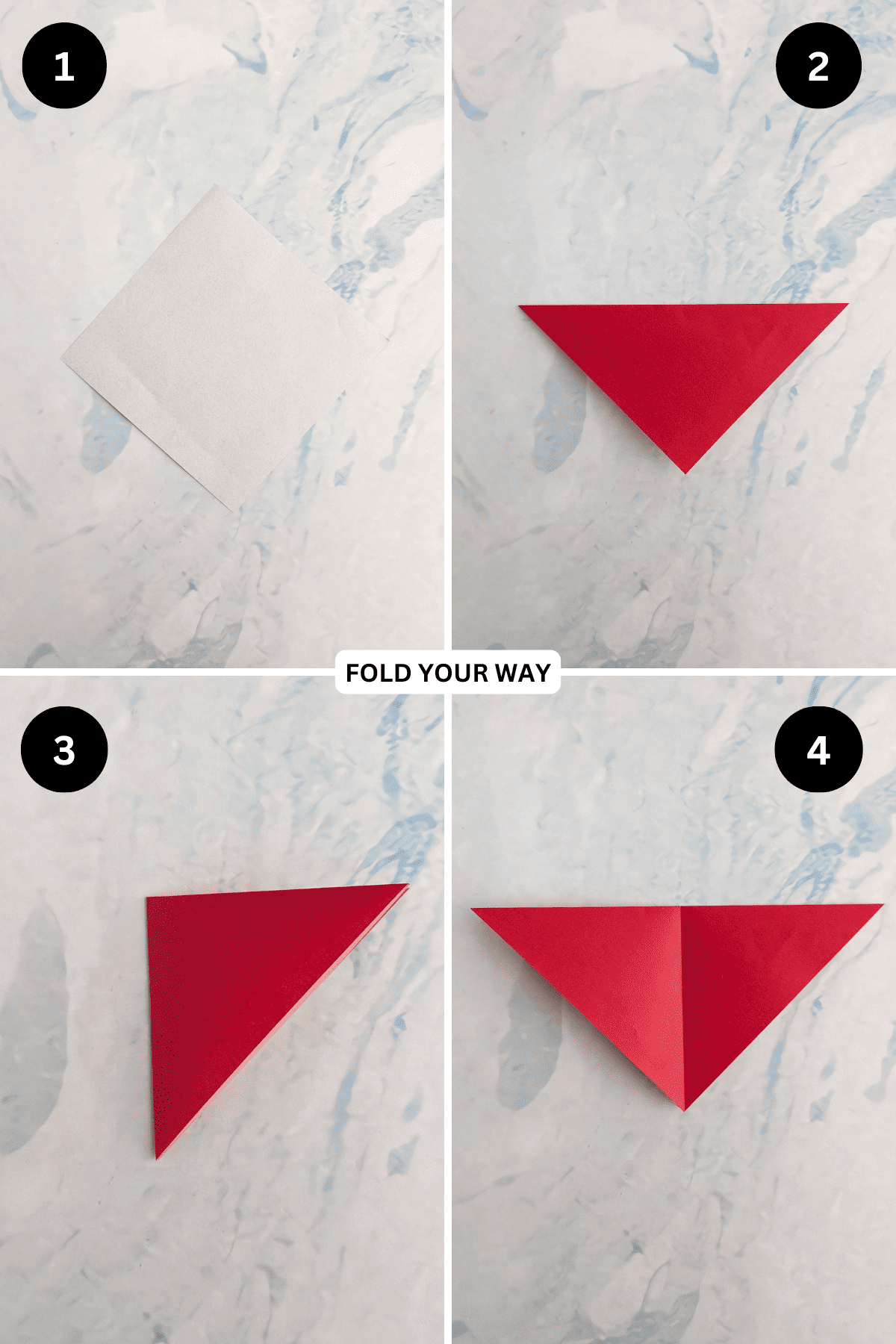Steps 1 to 4 for folding an origami ladybug.