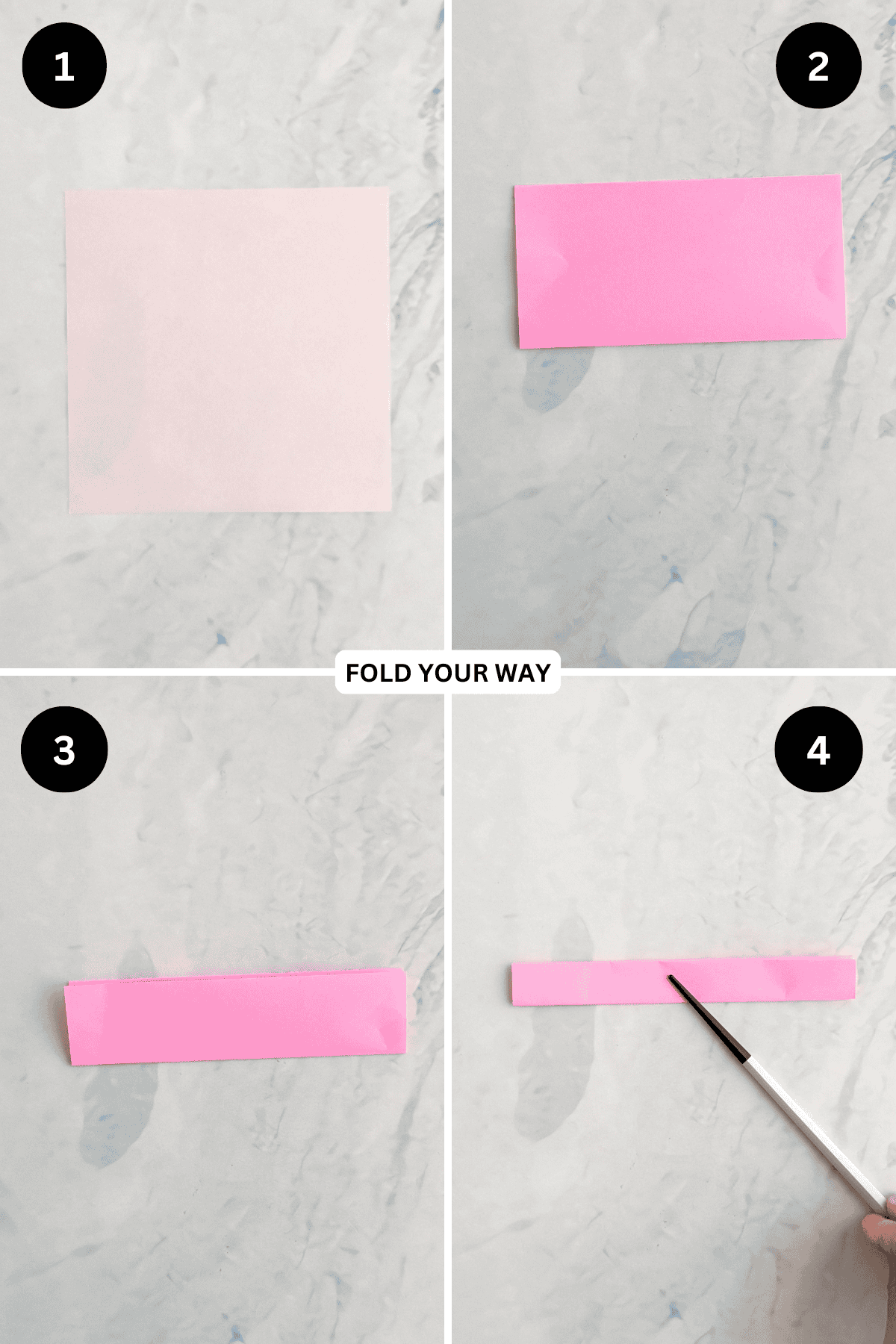 Steps 1 to 4 for folding an origami lovers knot.