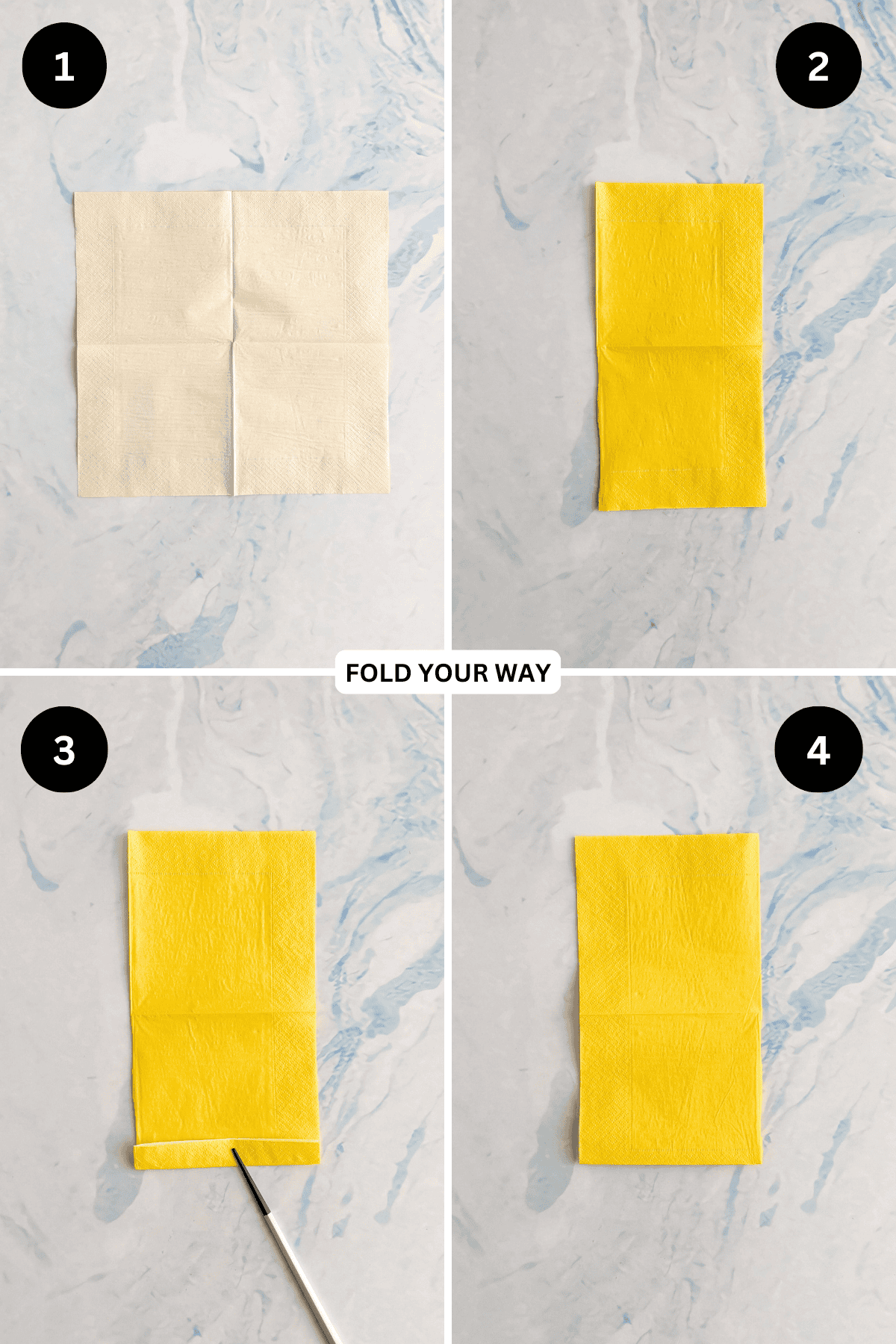 Steps 1 to 4 for folding a rectangle fan napkin.