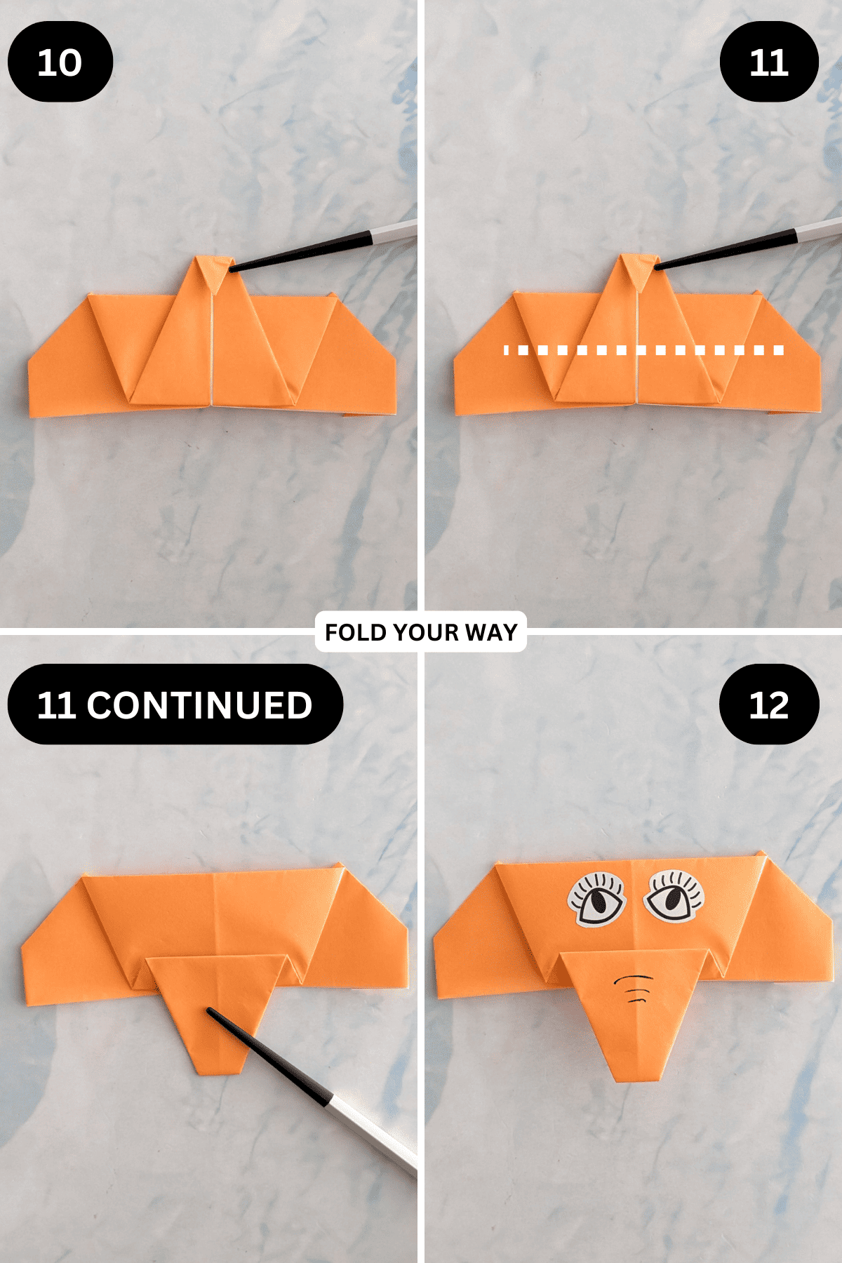 Steps 10 to 12 for folding an origami elephant face.