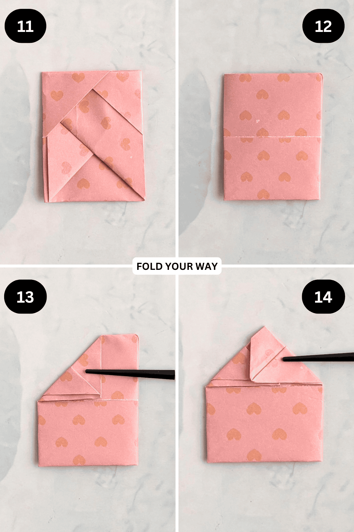 Steps 11 to 14 for folding an origami bamboo letterfold.