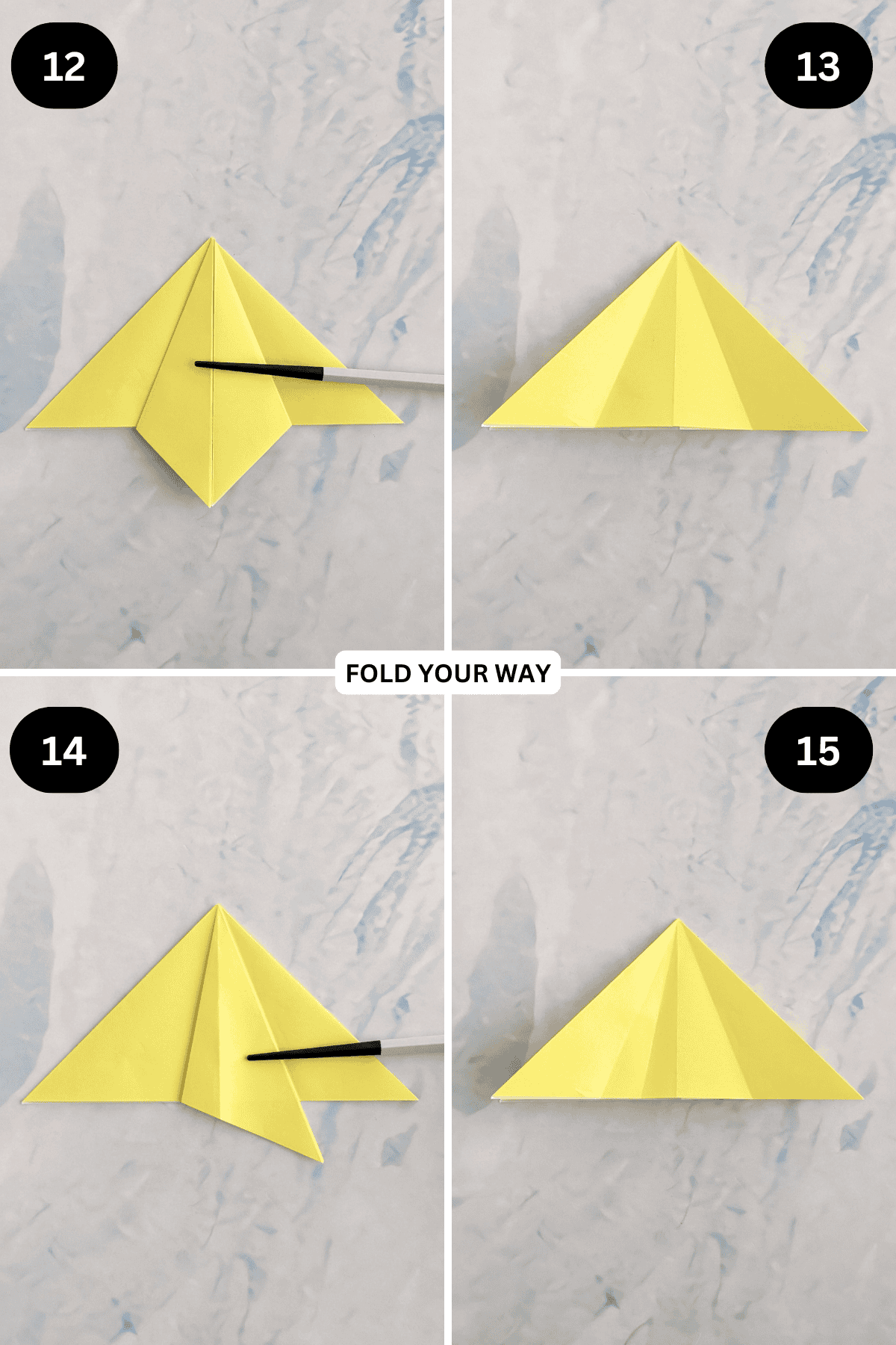 Steps 12 to 15 for folding an origami star.