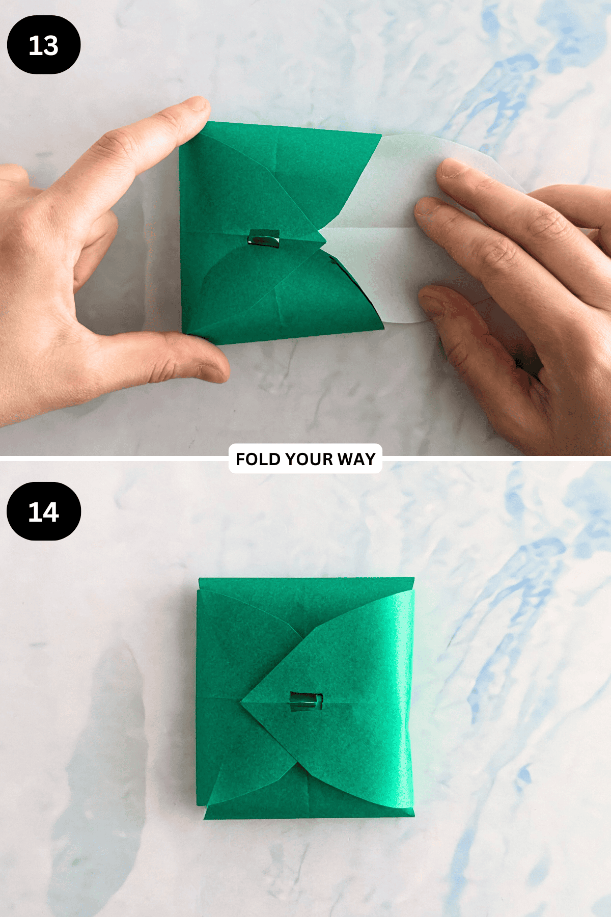 Steps 13 to 14 for making a self closing DIY gift box.