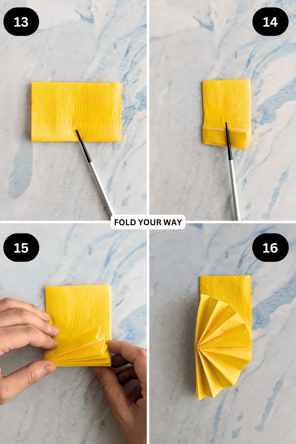 Steps 13 to 16 for folding a rectangle fan napkin.