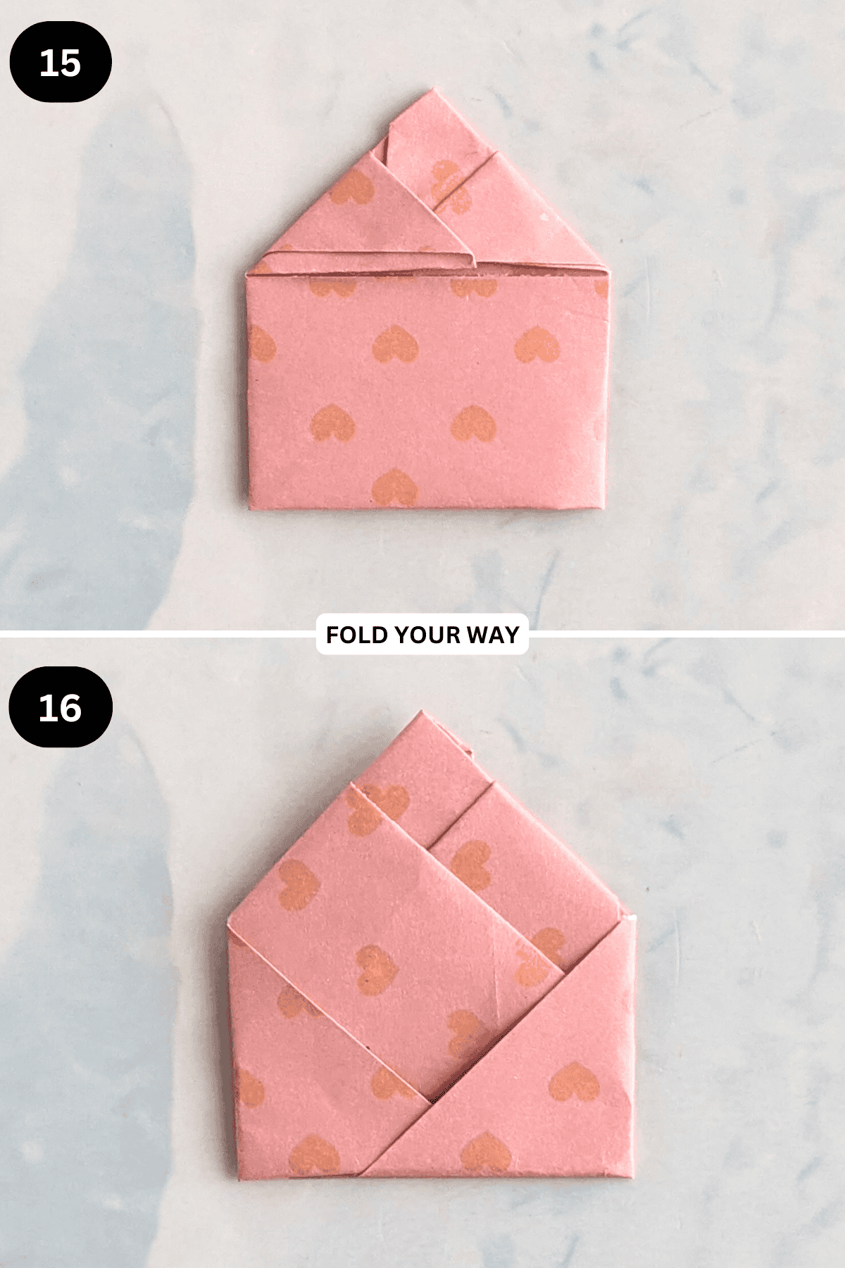 Steps 15 to 16 for folding an origami bamboo letterfold.