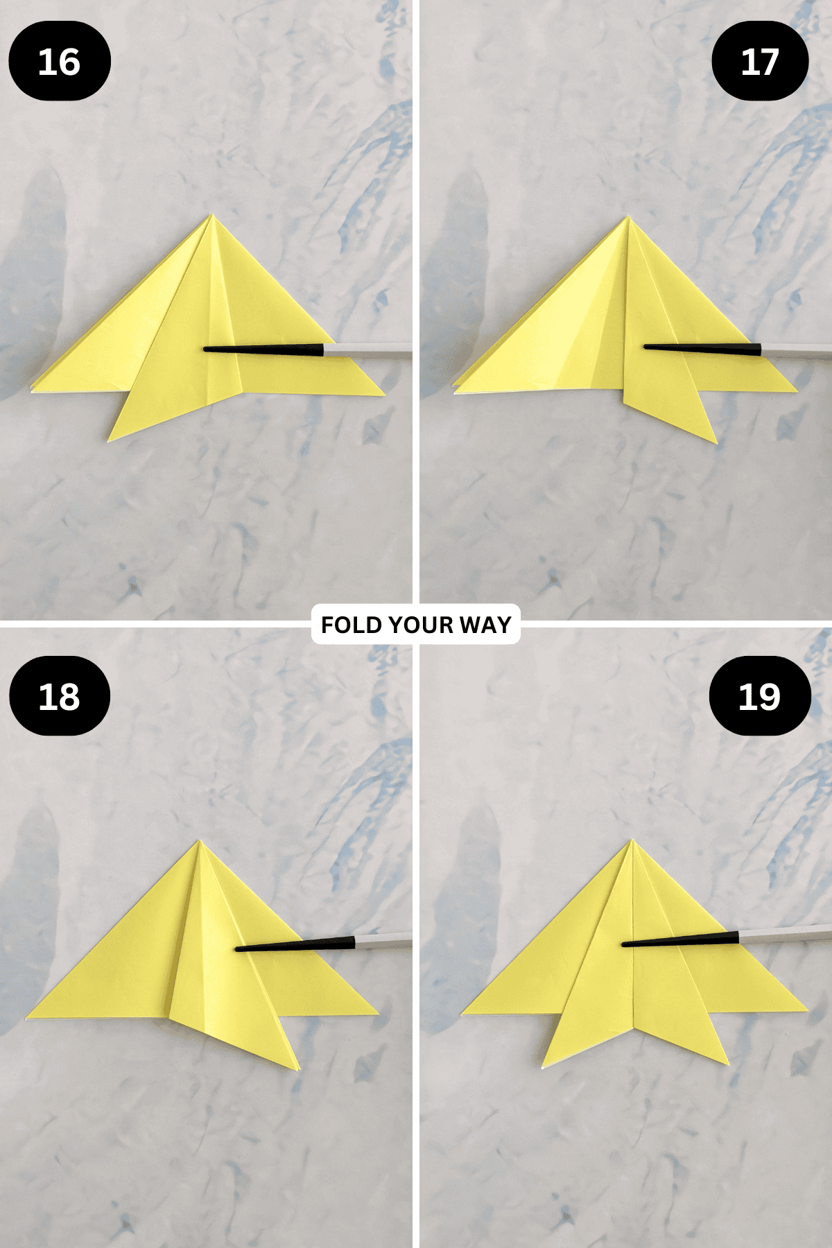 Steps 16 to 19 for folding an origami star.
