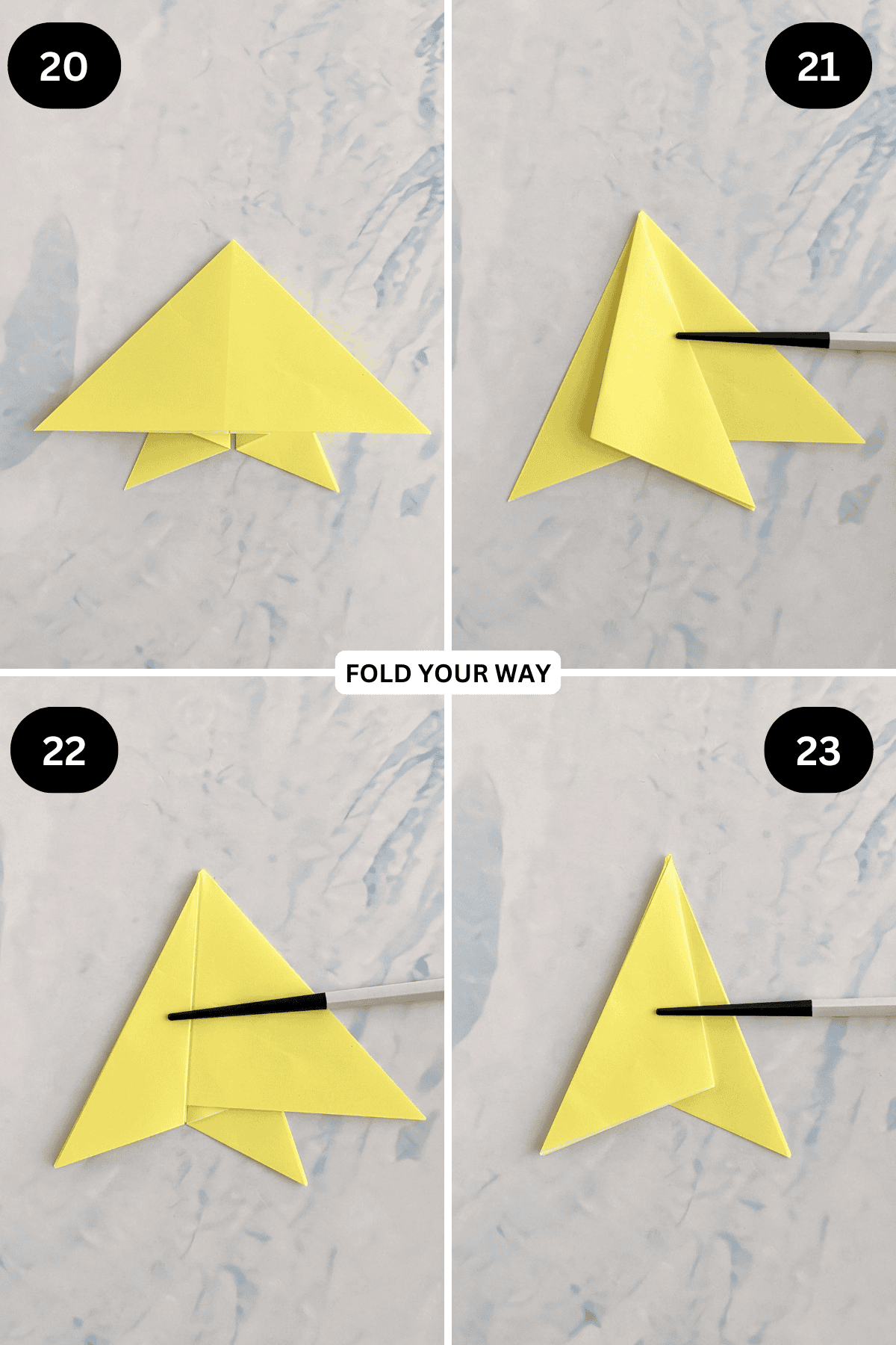 Steps 20 to 23 for folding an origami star.