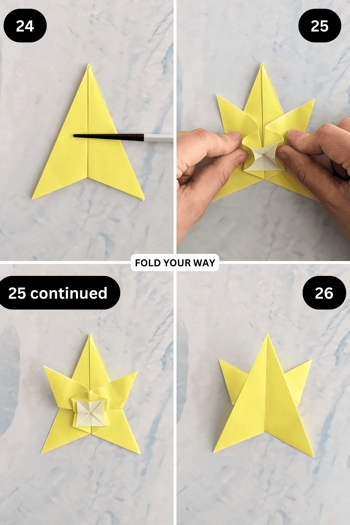 Steps 24 to 26 for folding an origami star.