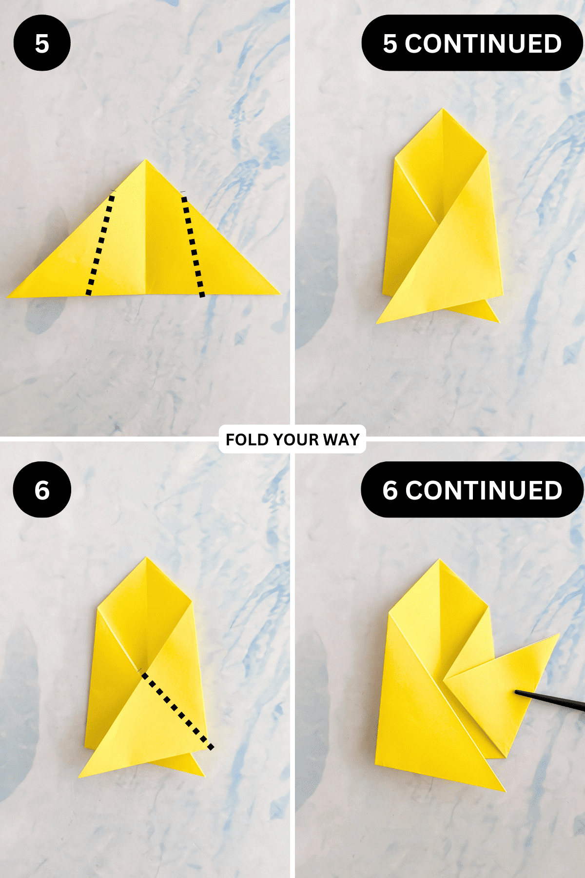 Steps 5 to 6 for folding an origami chicken.