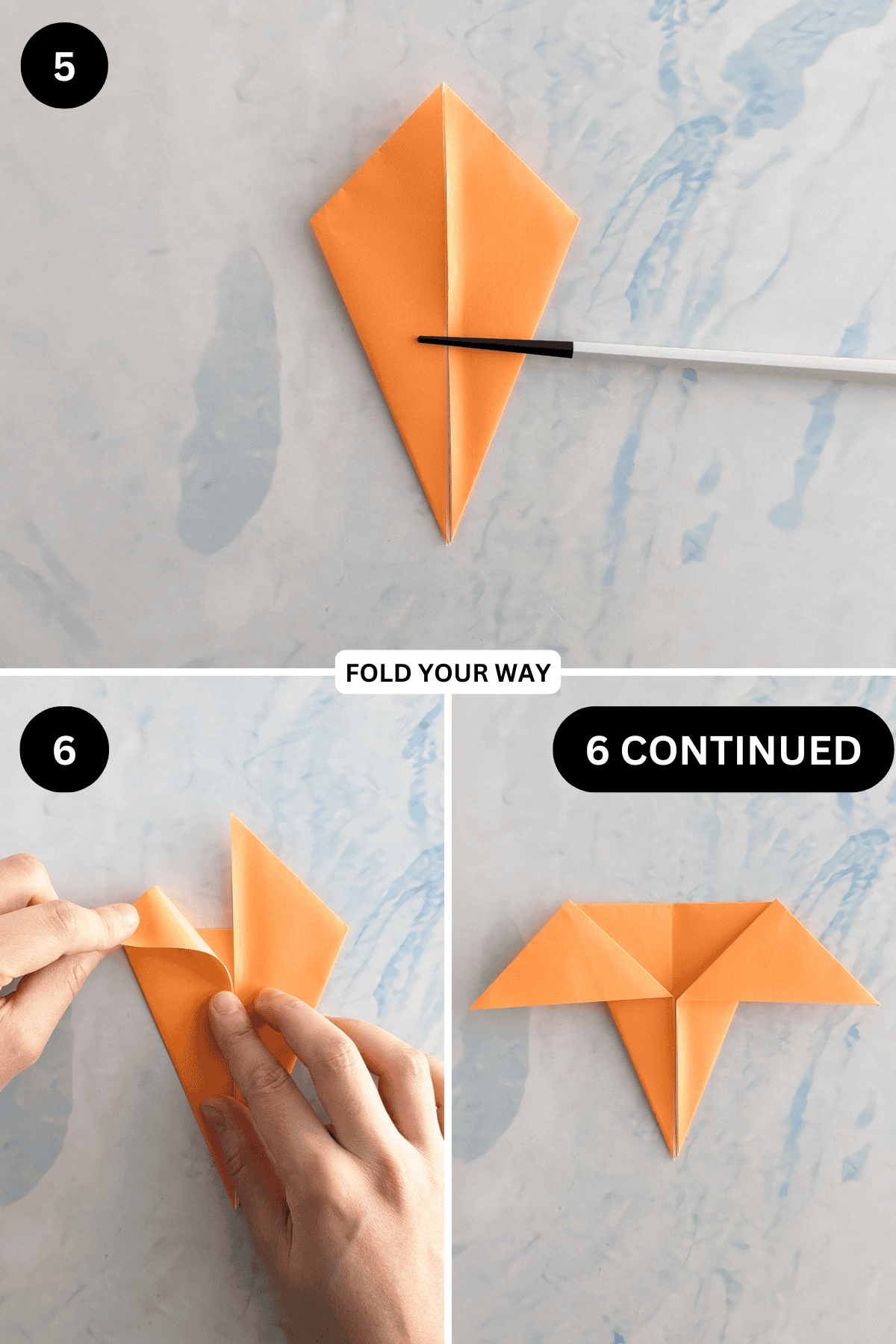 Steps 5 to 6 for folding an origami elephant face.