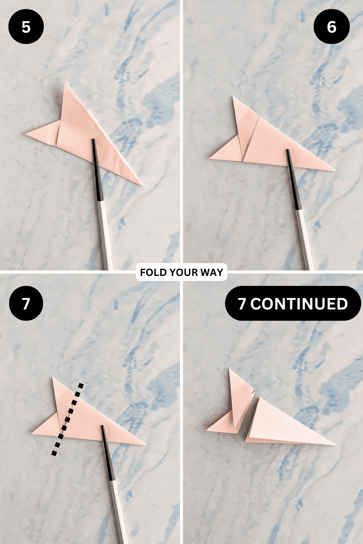 Steps 5 to 7 for making a paper snowflake.