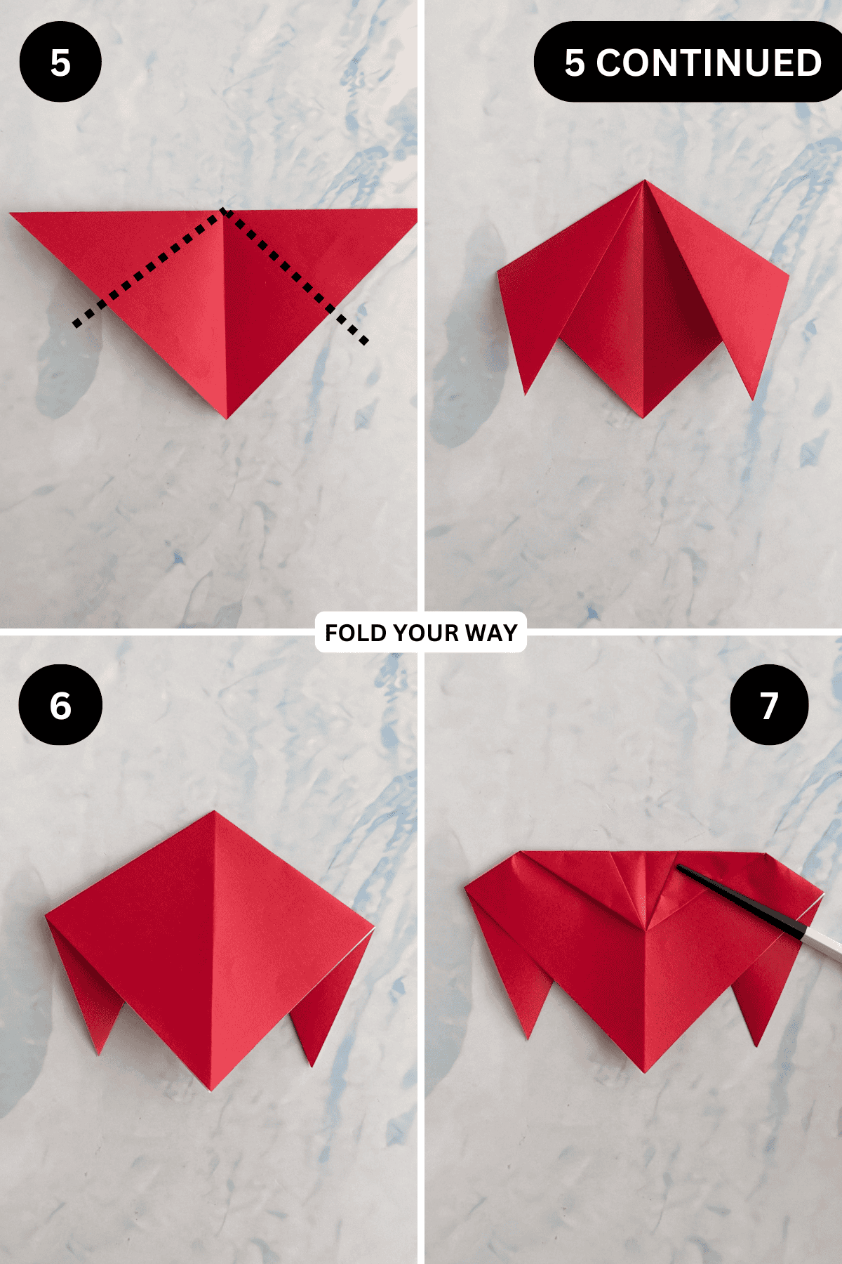 Steps 5 to 7 for folding an origami ladybug.