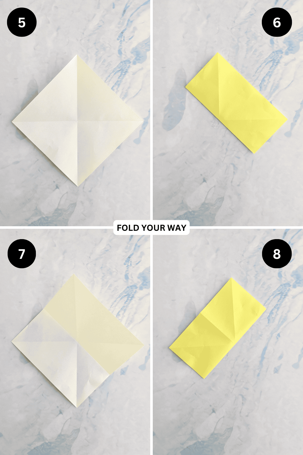 Steps 5 to 8 for folding an origami star.