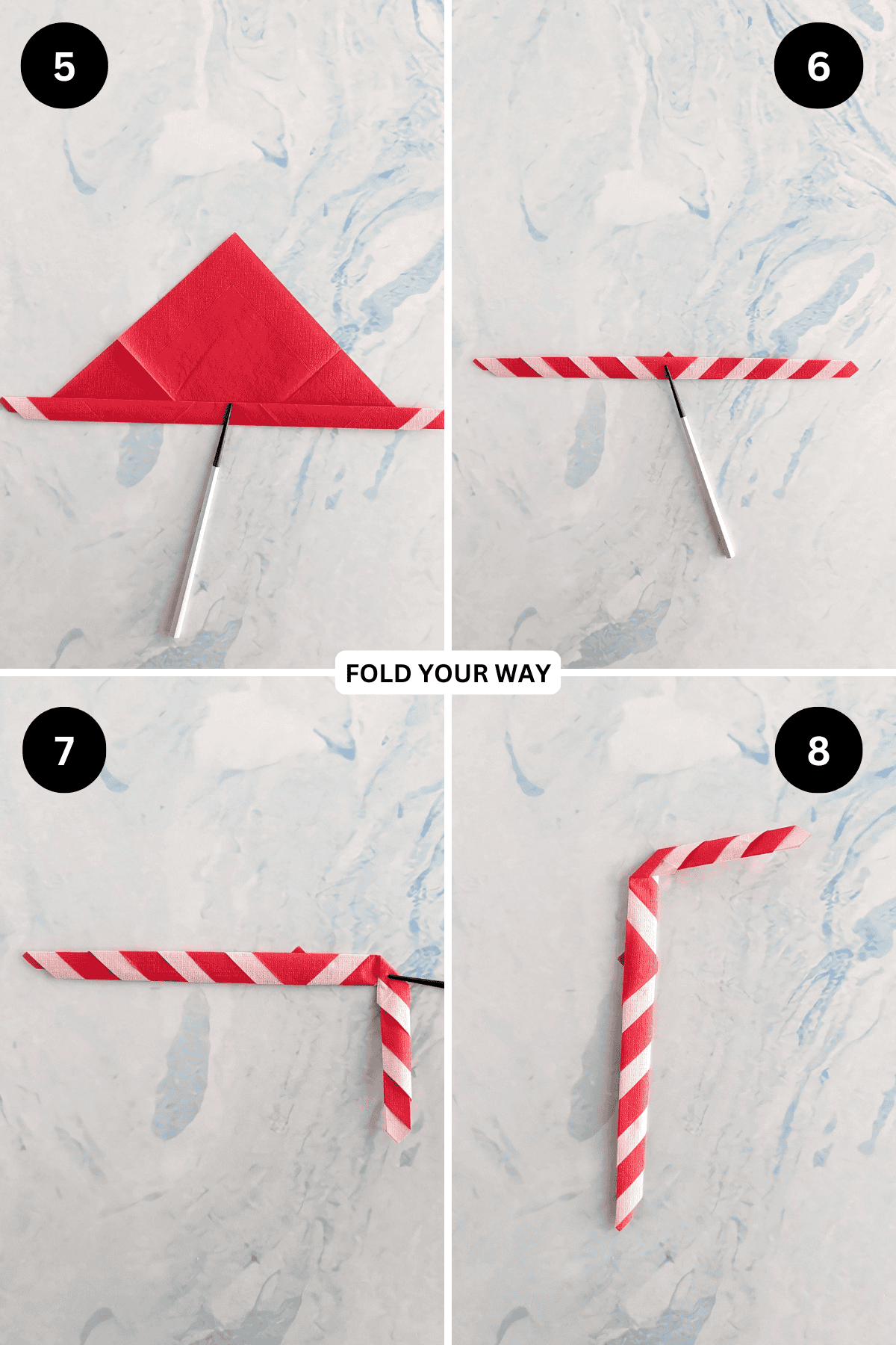 Steps 7 to 8 for folding a candy cane napkin fold.
