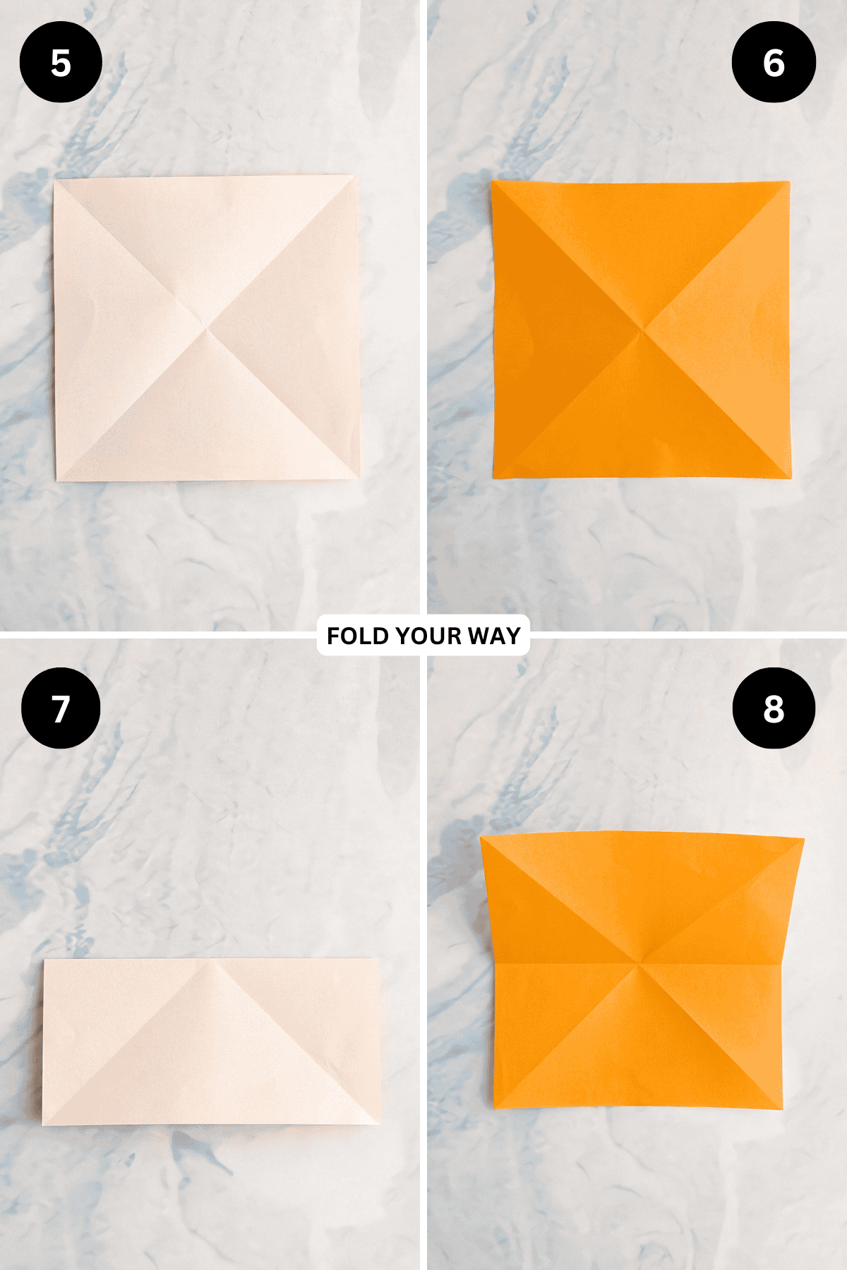 Steps 5 to 8 for folding an easy origami butterfly.
