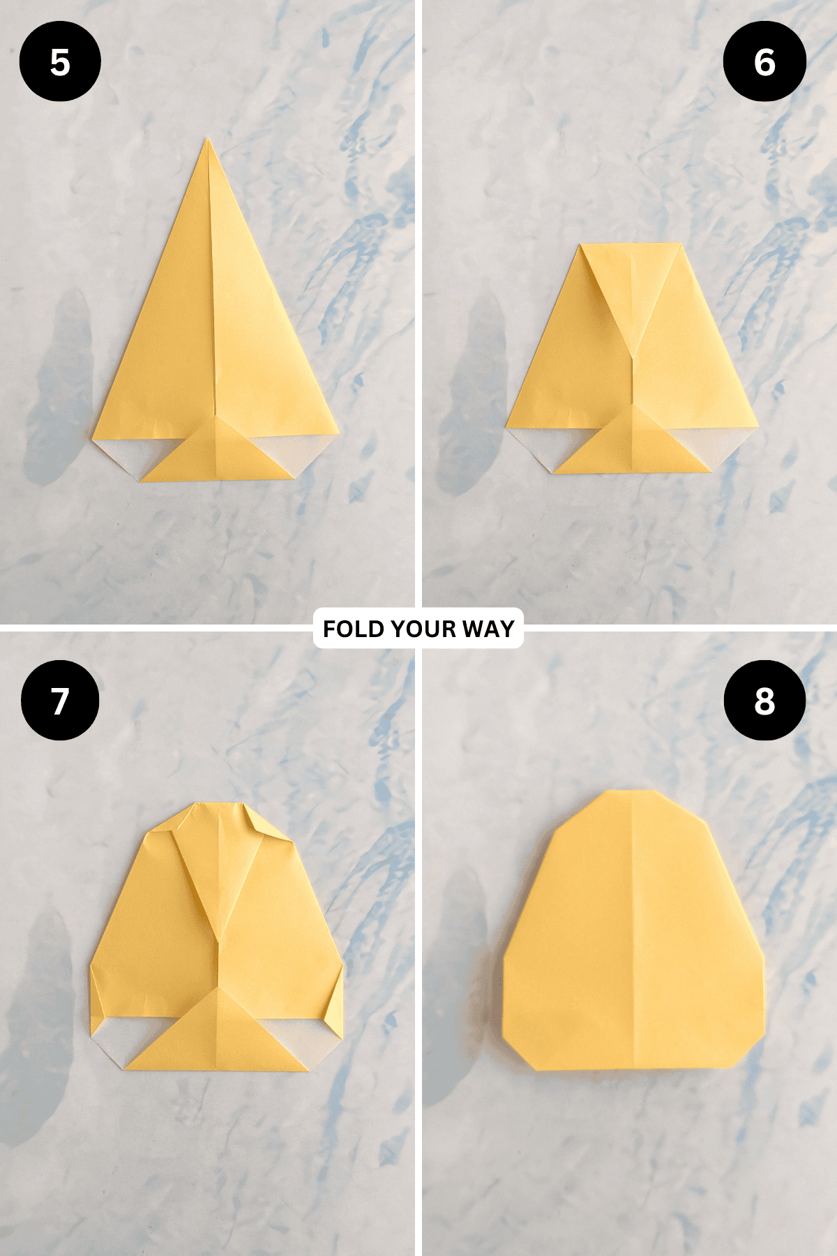 Steps 5 to 8 for folding an origami egg.