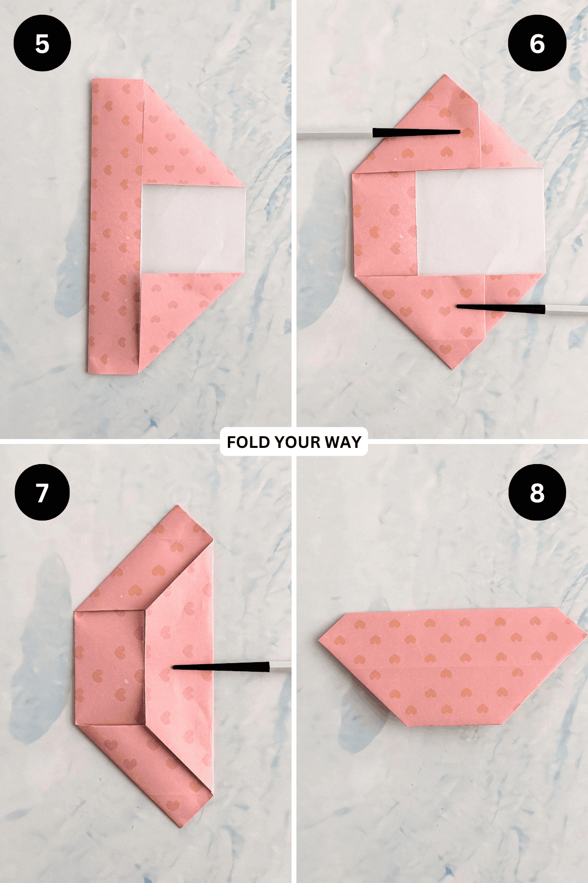 Steps 5 to 8 for folding an origami bamboo letterfold.