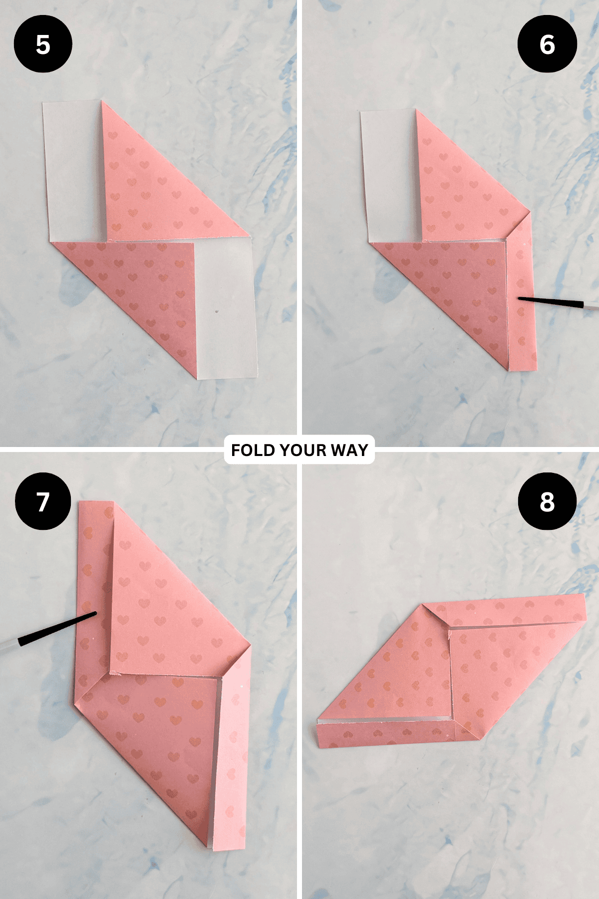 Steps 5 to 8 for folding an origami envelope letterfold.