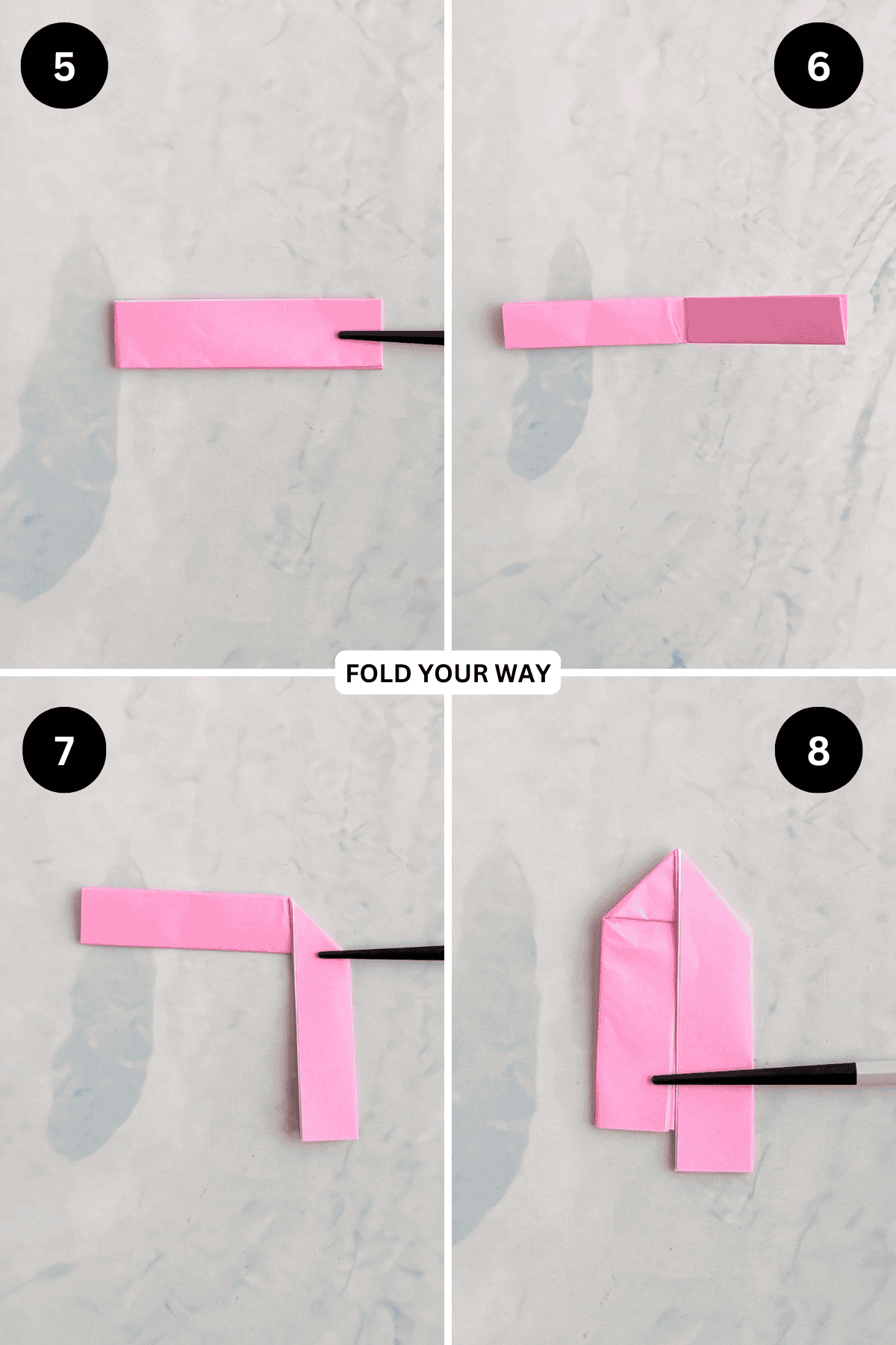 Steps 5 to 8 for folding an origami lovers knot.