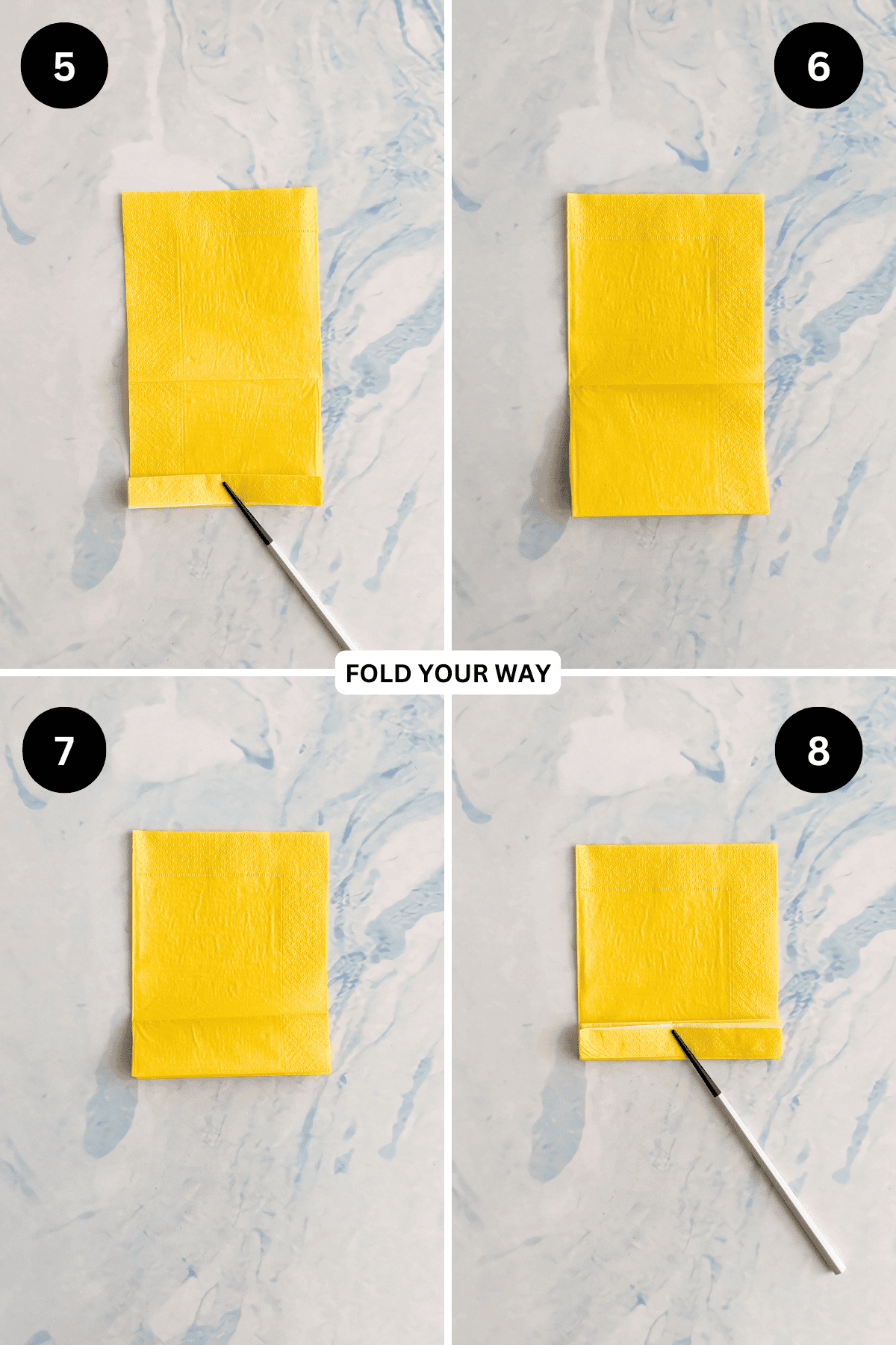 Steps 5 to 8 for folding a rectangle fan napkin.