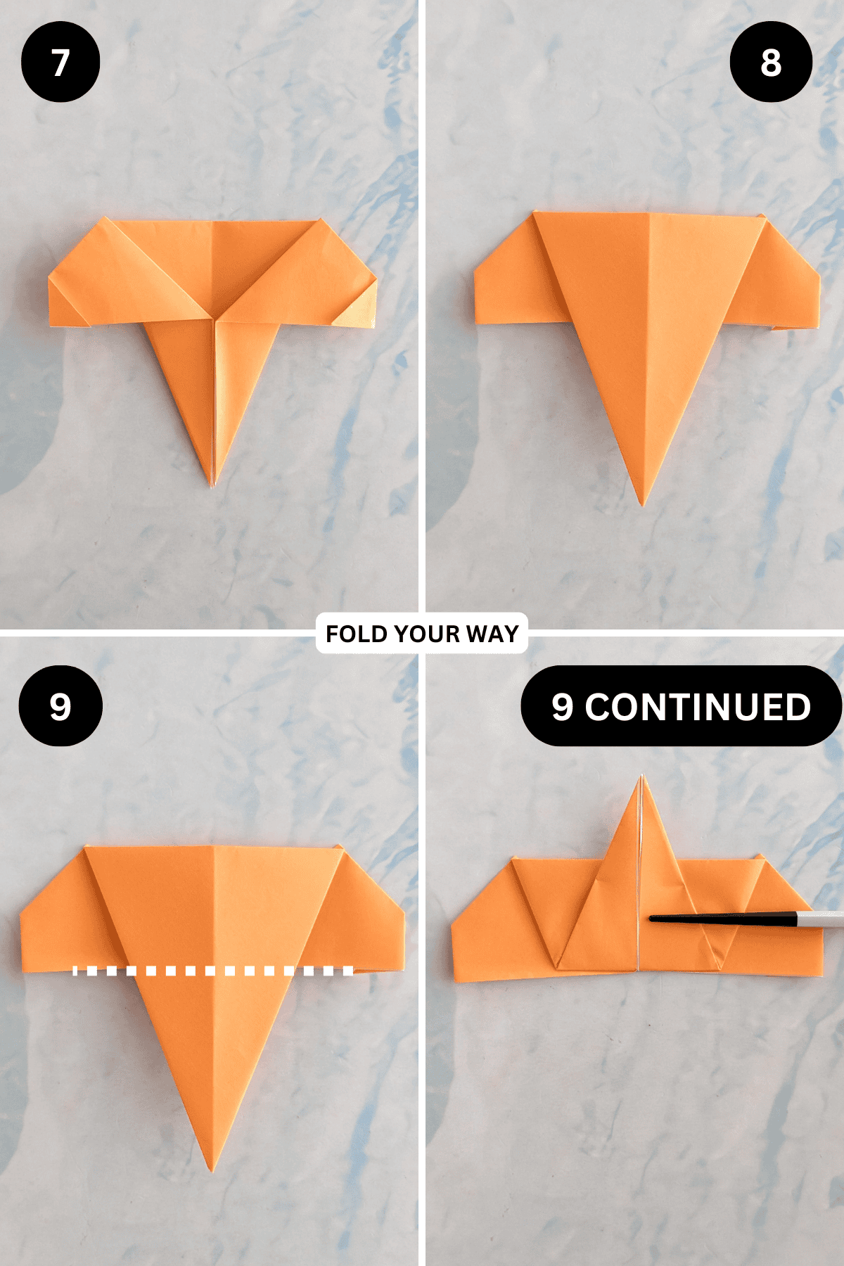 Steps 7 to 9 for folding an origami elephant face.