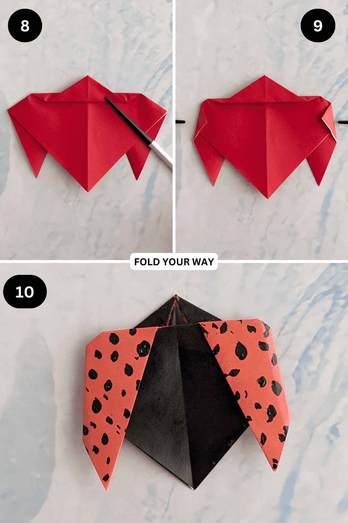 Steps 8 to 10 for folding an origami ladybug.