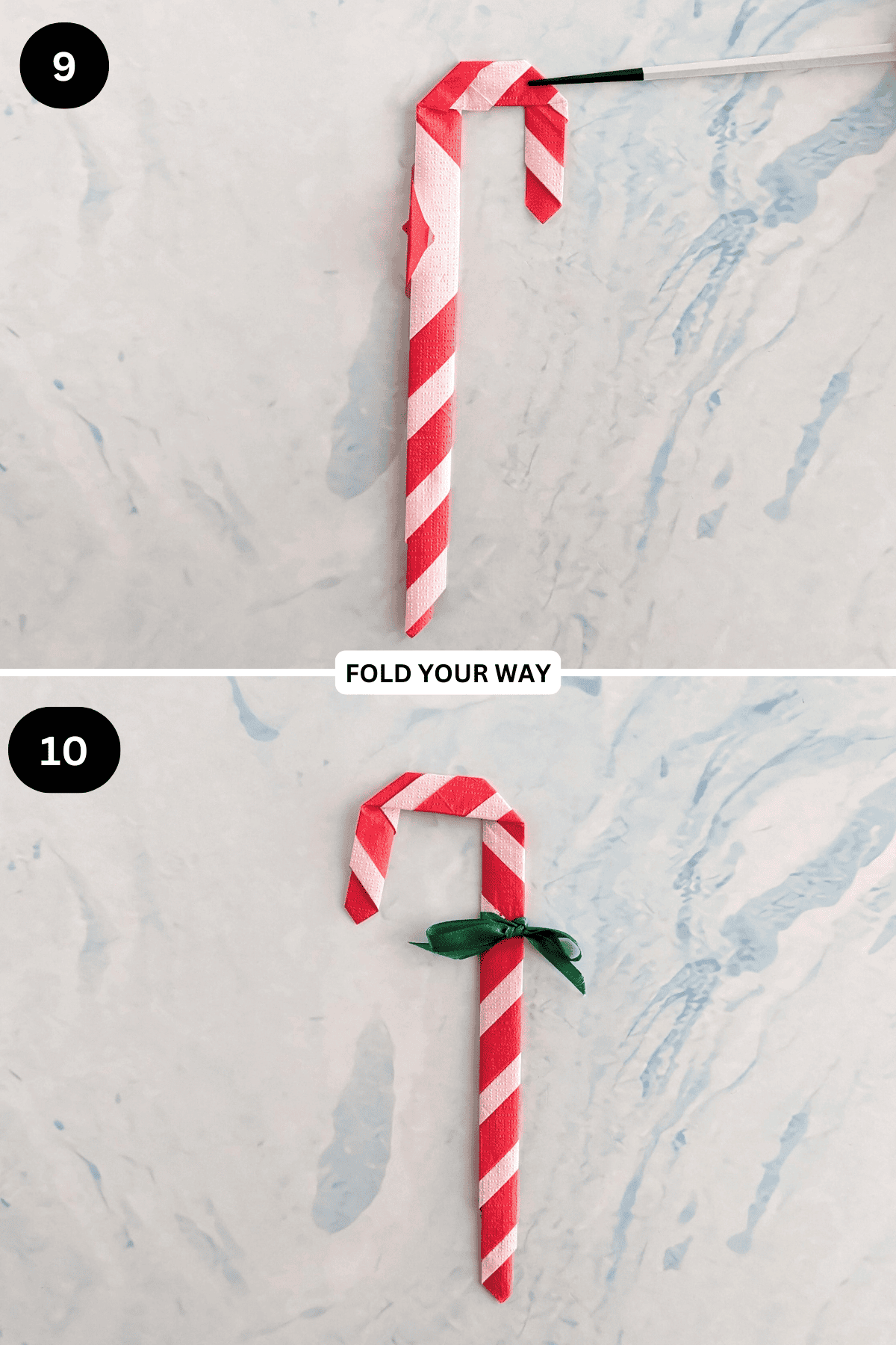 Steps 9 to 10 for folding a candy cane napkin fold.