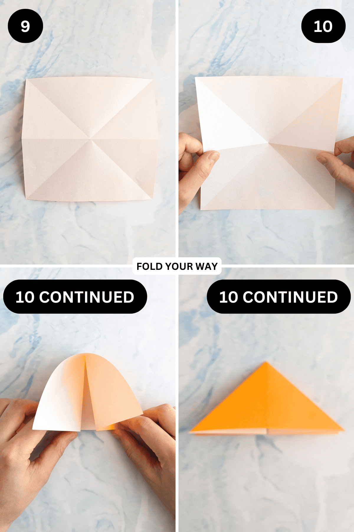 Steps 9 to 10 for folding an easy origami butterfly.