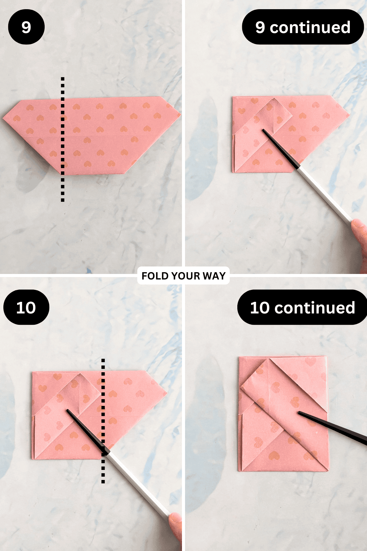Steps 9 to 10 for folding an origami bamboo letterfold.