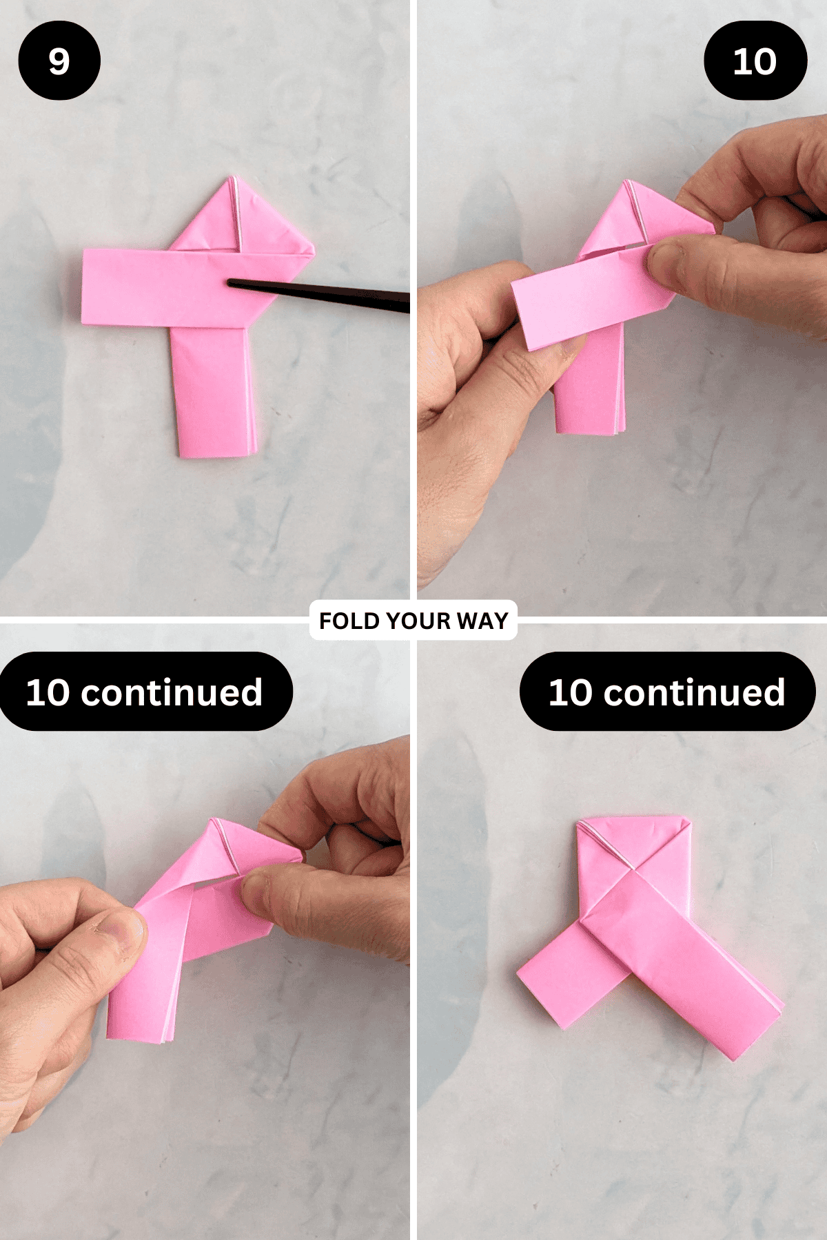 Steps 9 to 10 for folding an origami lovers knot.