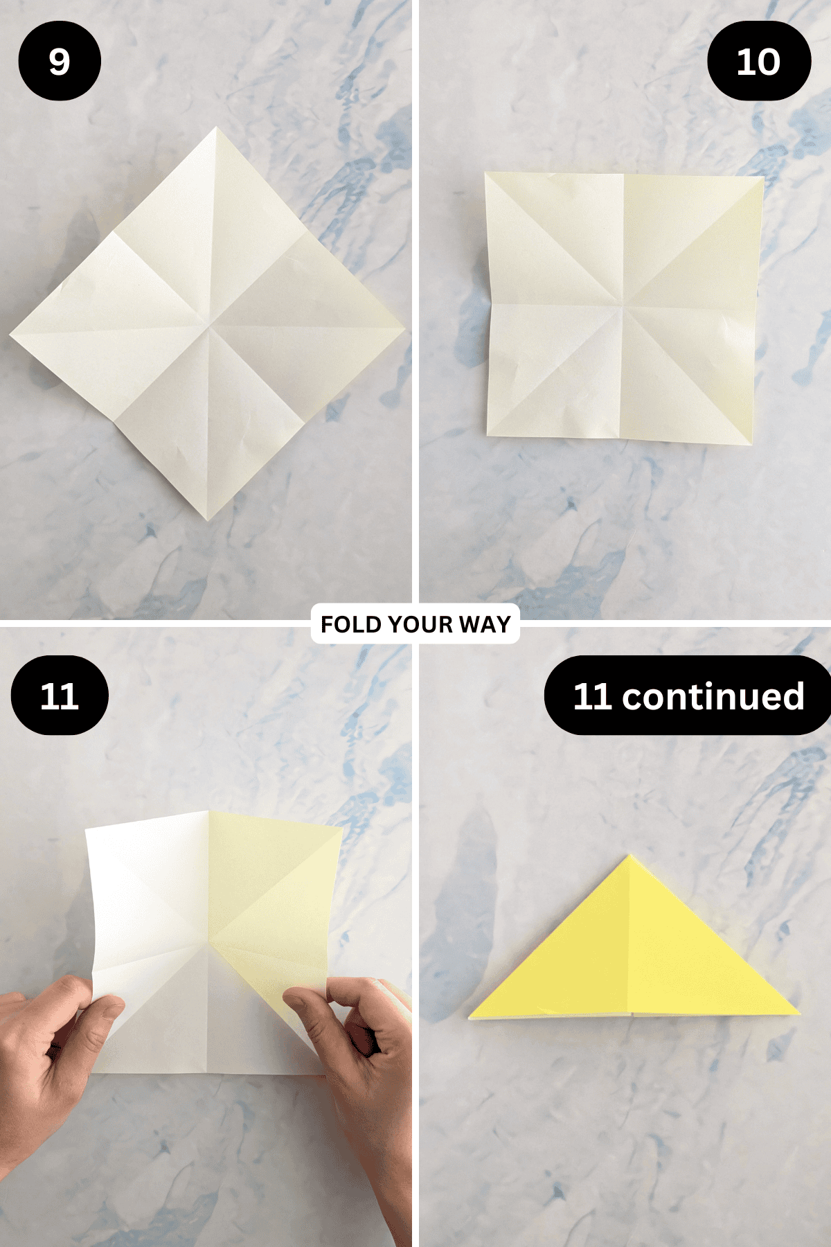 Steps 9 to 11 for folding an origami star.