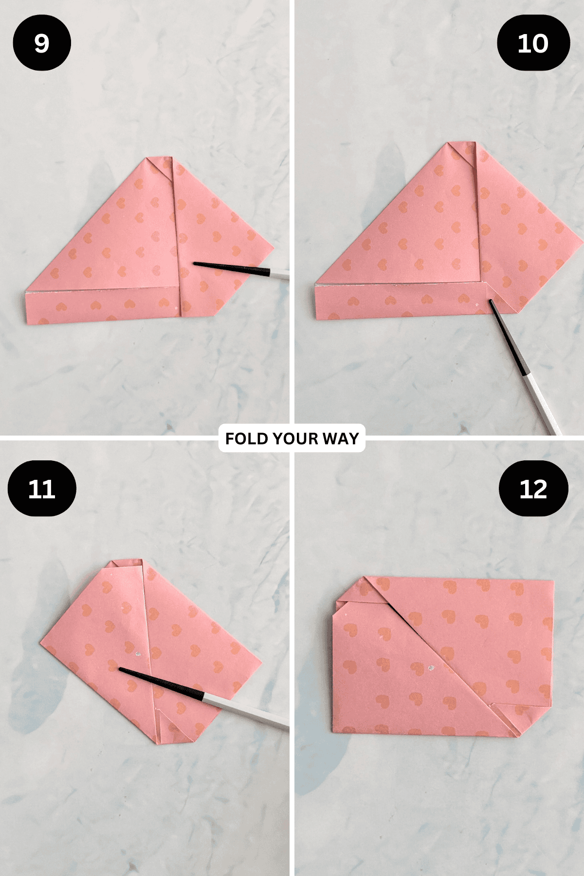 Steps 9 to 12 for folding an origami envelope letterfold.