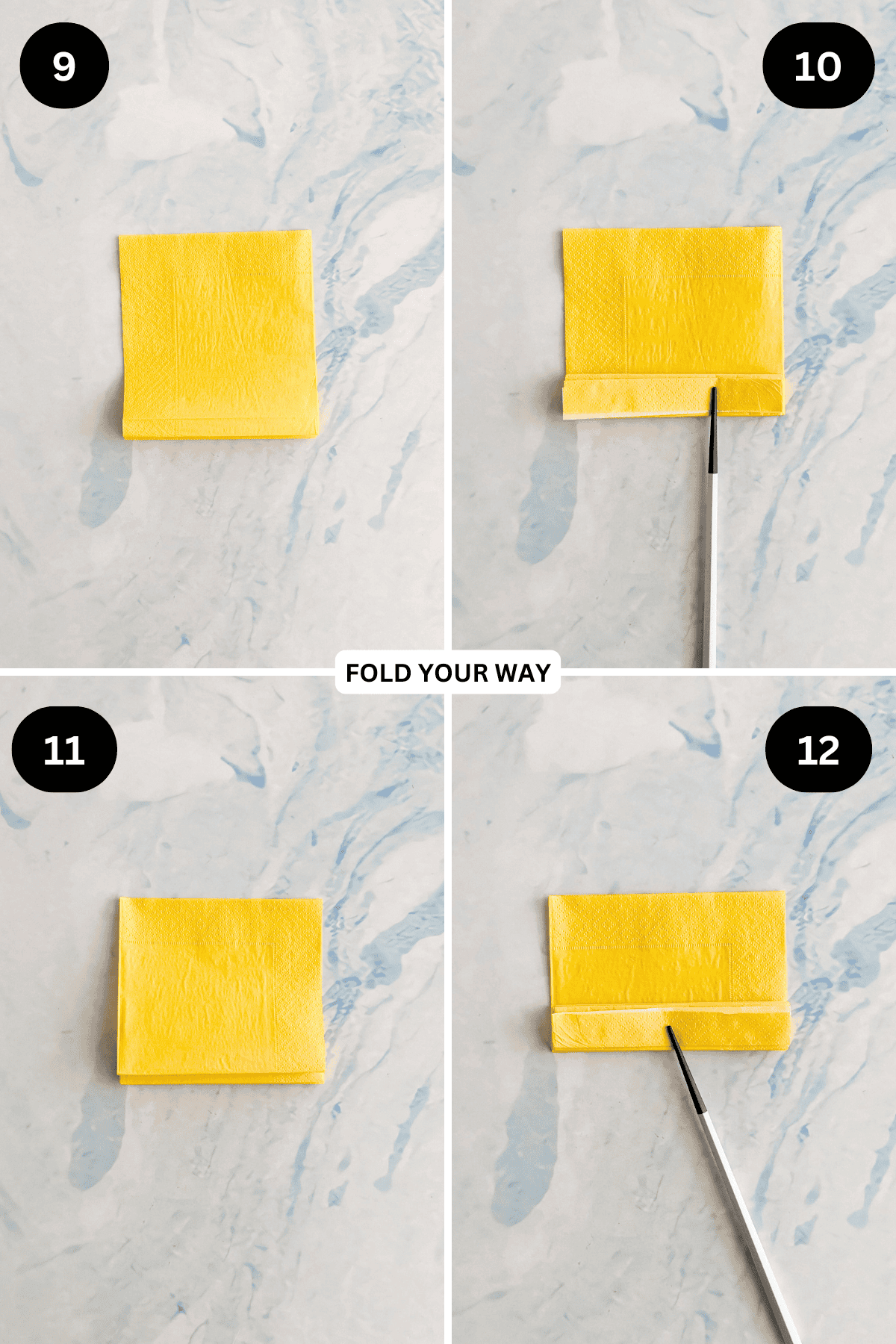 Steps 9 to 12 for folding a rectangle fan napkin.