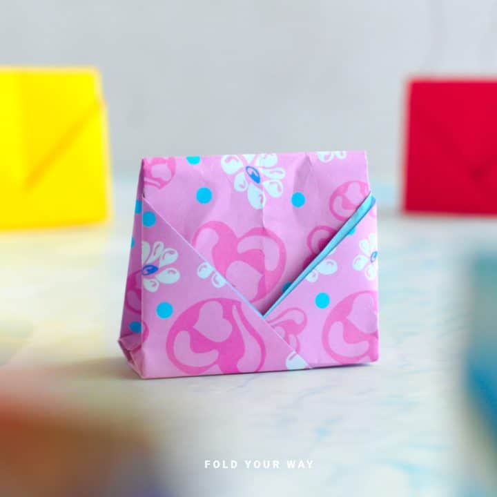 Close up image of an origami pouch.