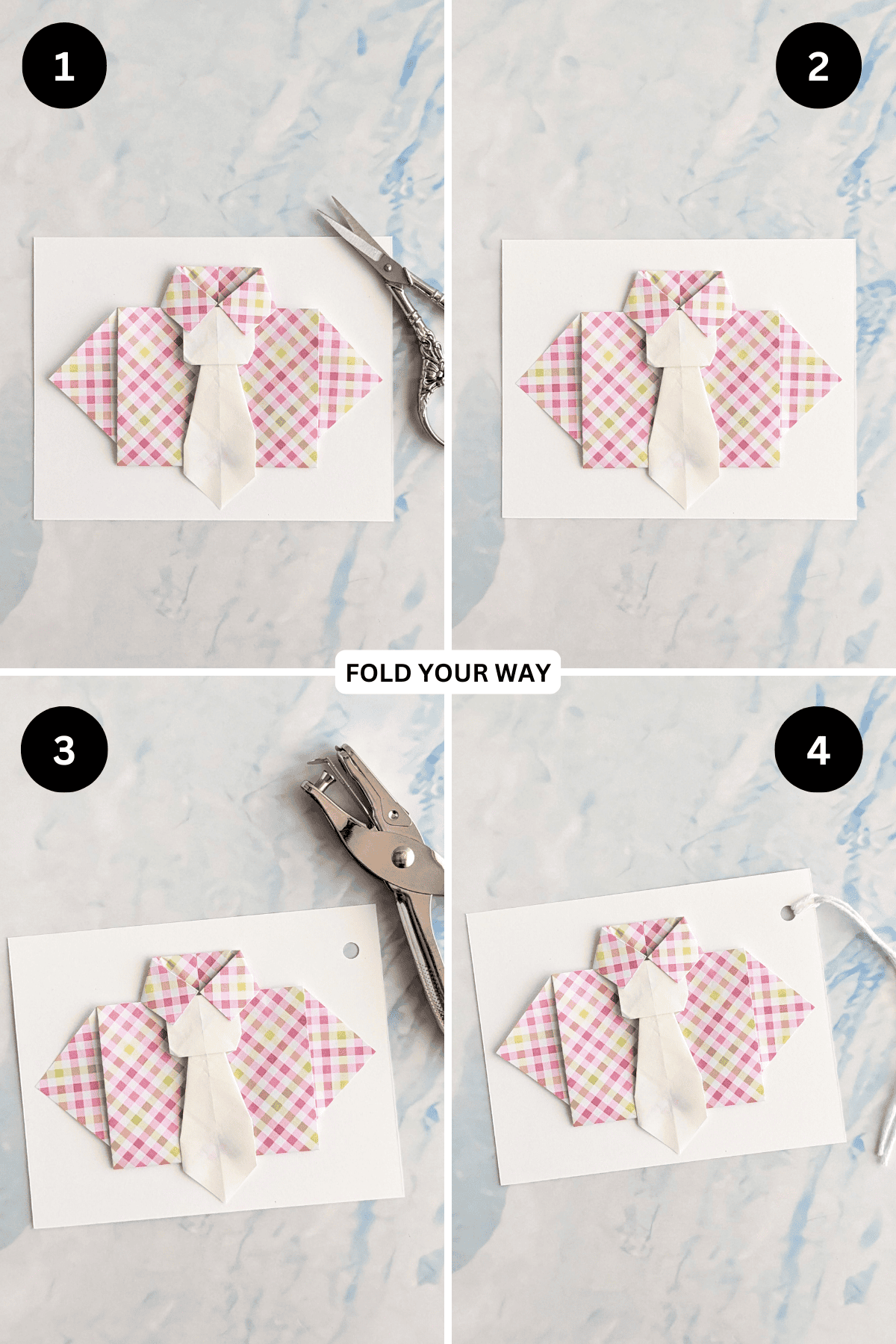 Steps 1 to 4 for making a shirt gift tag.