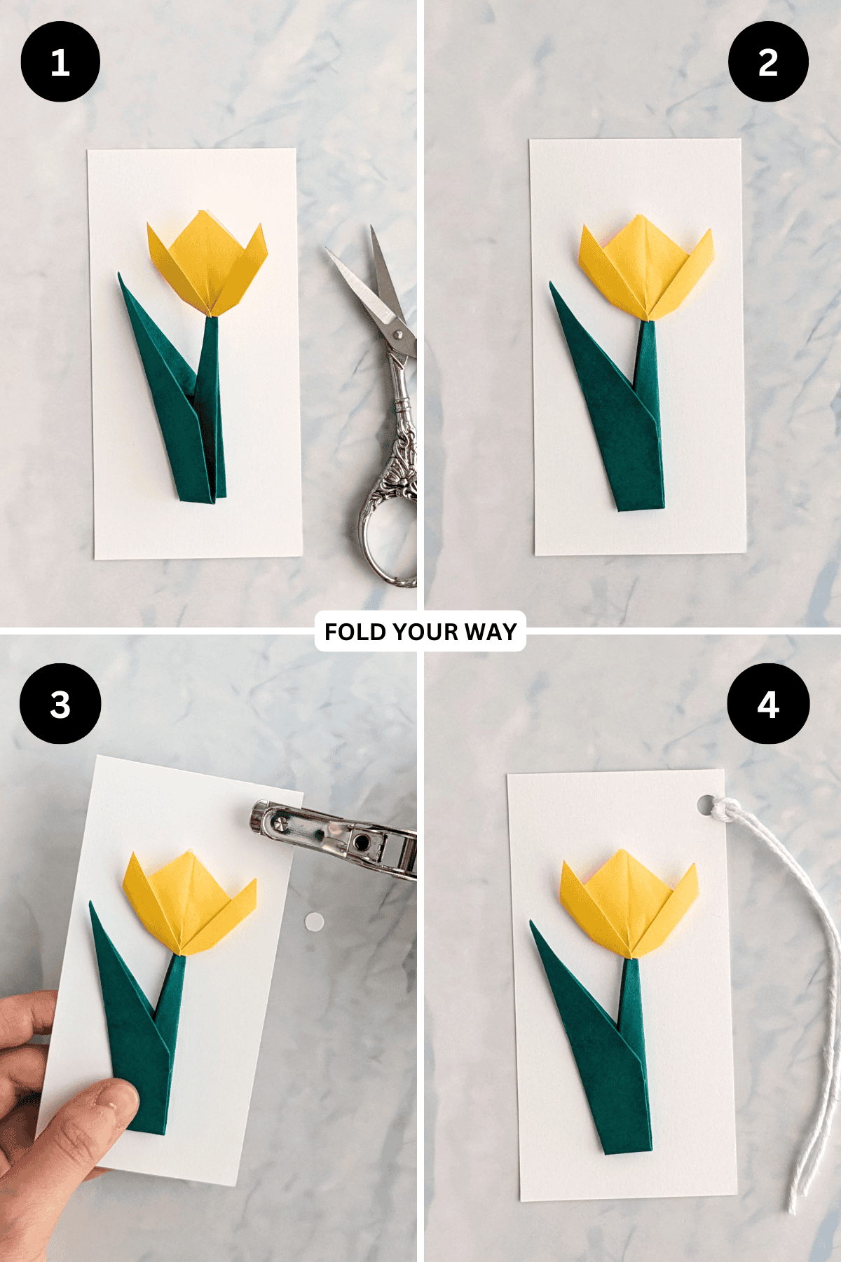 Steps 1 to 4 for making a tulip gift tag.