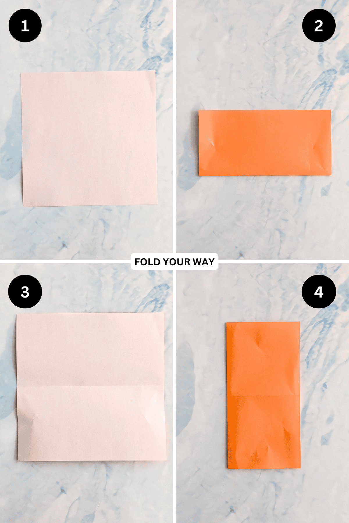 Steps 1 to 4 for folding an origami tie.